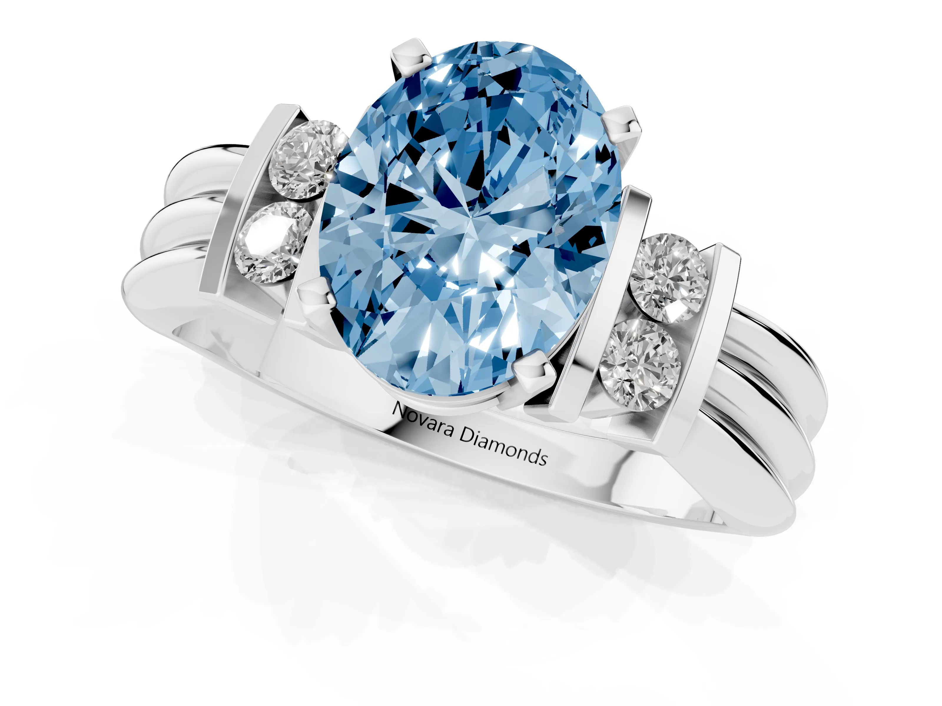 Fancy Blue Three-Stone Oval Cut Diamond Channel Set Ring Set in White gold with Bar Prongs