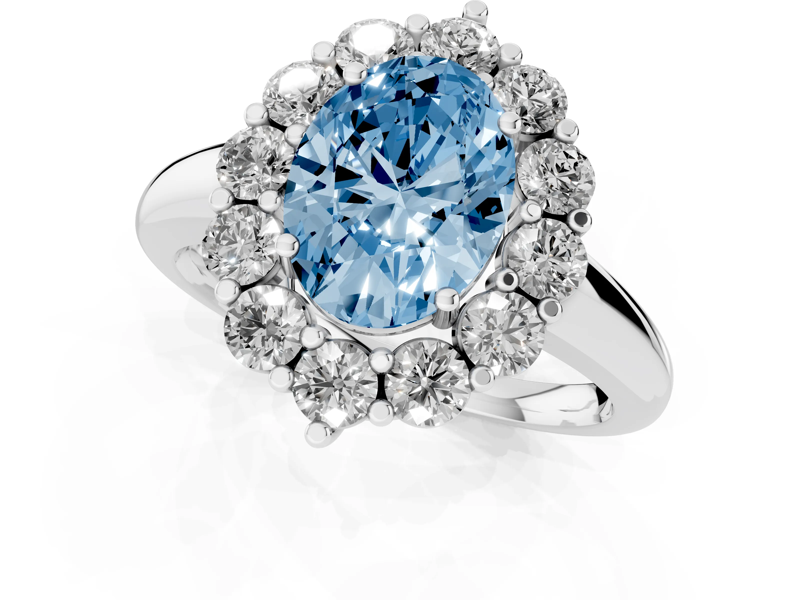 Fancy Blue Oval Cut Diamond Halo Cluster Engagement Ring Set in Platinum with Polished Band and Prong Setting