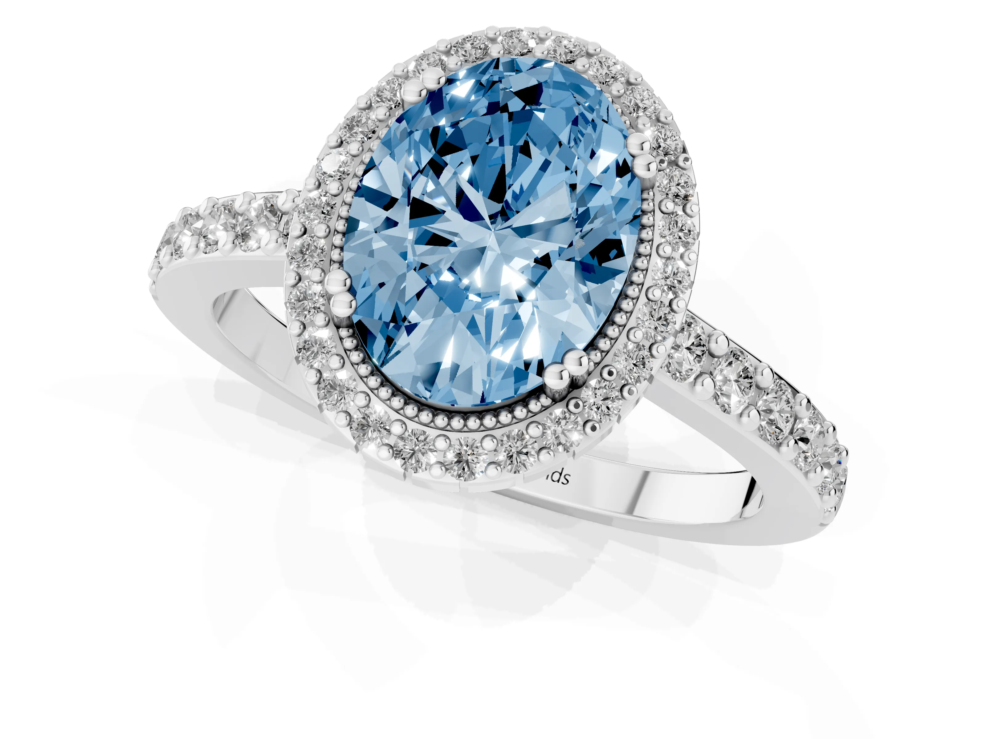 Fancy Blue Oval Cut Diamond Halo Engagement Ring Set in White gold with Milgrain Detail and Pavé Band