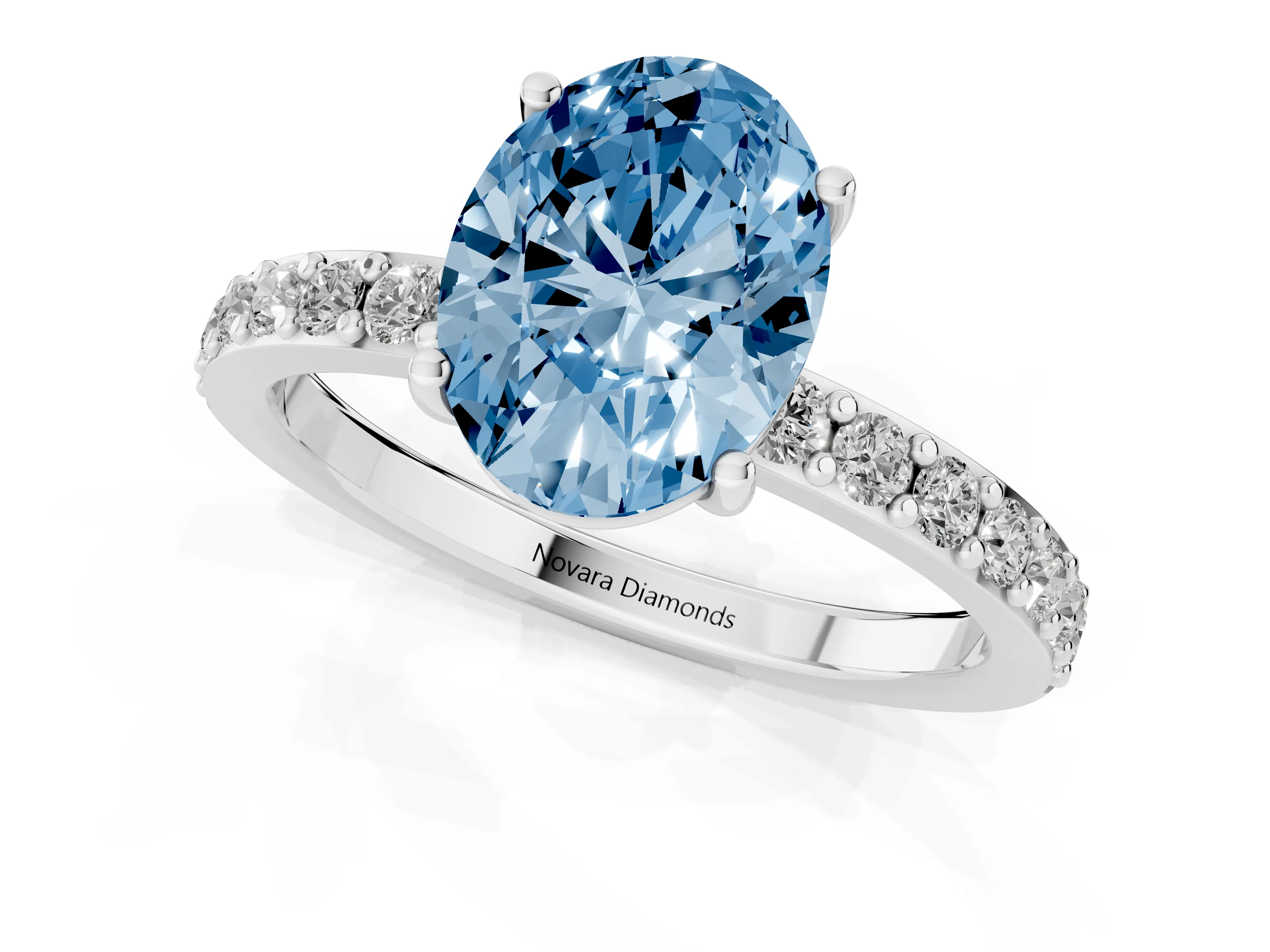 Fancy Blue Oval Cut Diamond Solitaire Set in White gold with Round Pavé Band and Prong Setting