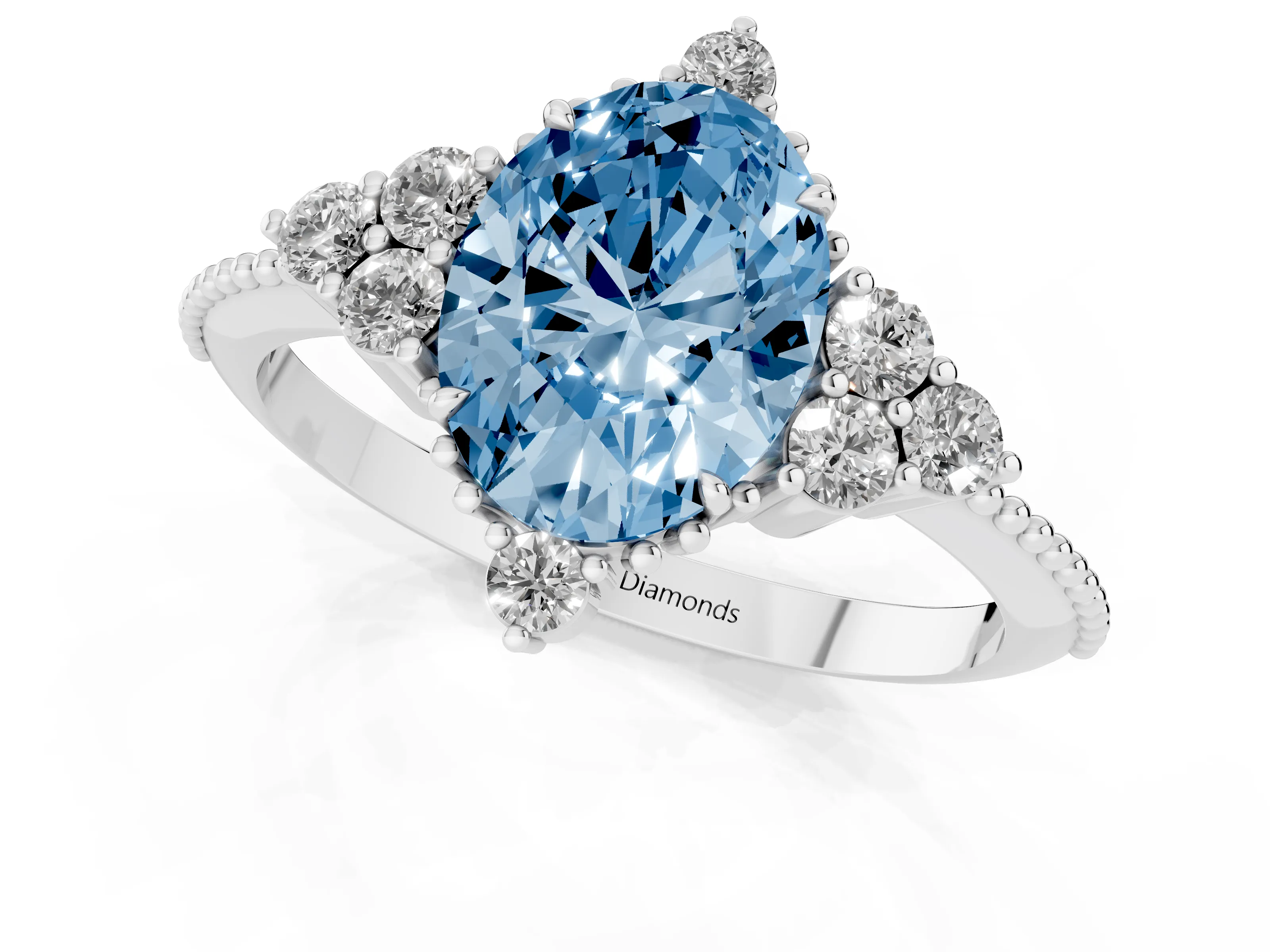 Fancy Blue Oval Cut Diamond Cluster Ring Set in Platinum with Beaded Band