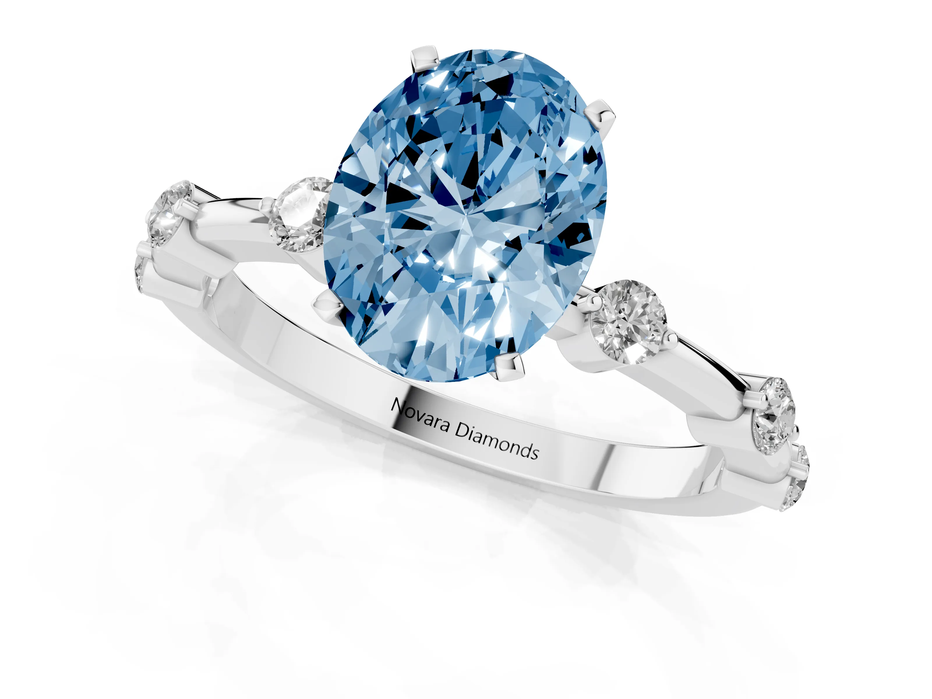 Fancy Blue Oval Cut Diamond Solitaire Ring Set in Platinum with Bezel Set Side Stones and Prong Setting