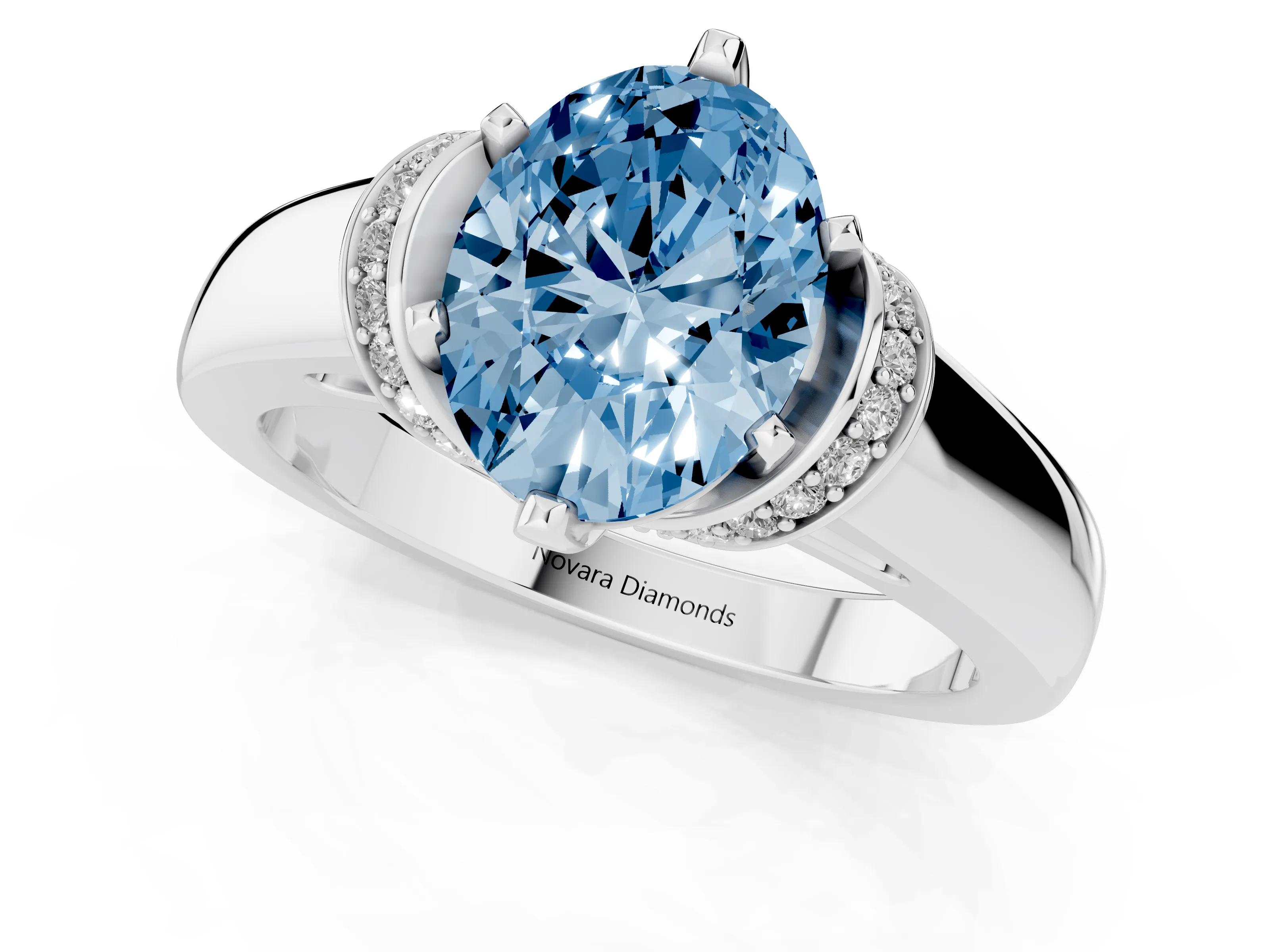 Fancy Blue Oval Cut Diamond Pavé Band Solitaire Ring Set in Platinum with Prong Setting