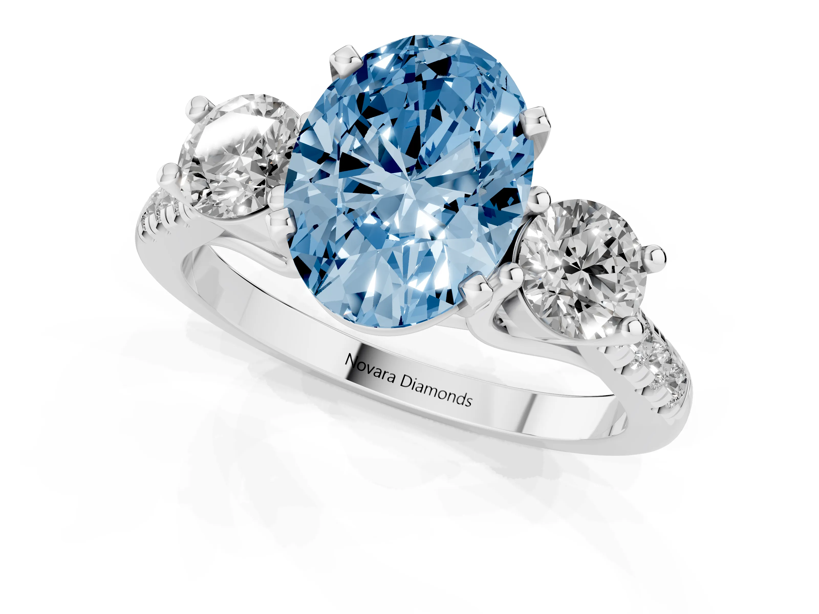 Fancy Blue Three-Stone Oval Cut Diamond Pavé Band Ring Set in Platinum with Prong-Set Trio