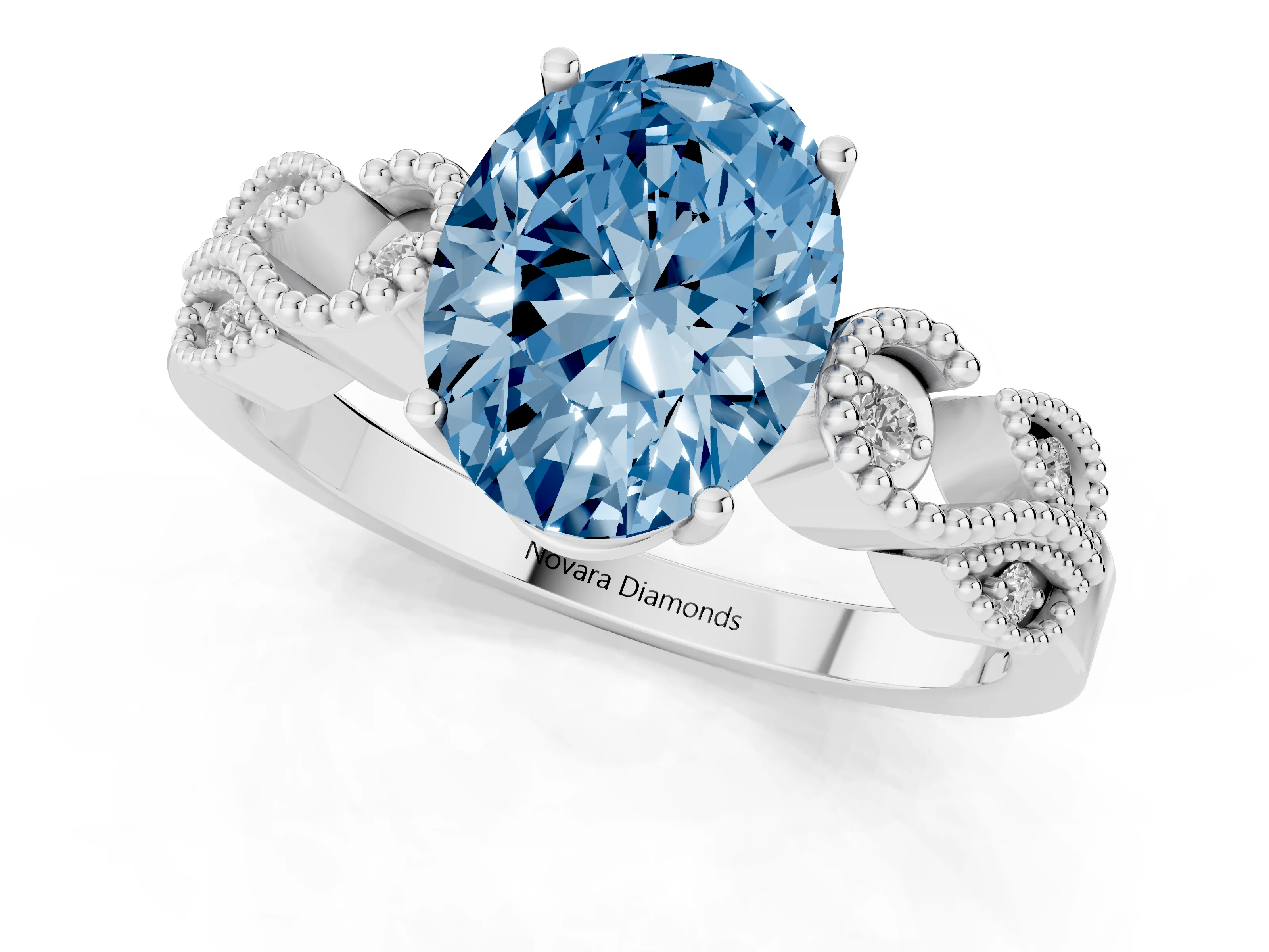 Fancy Blue Oval Cut Diamond Milgrain Leaf Band Solitaire Ring Set in Platinum with Accent Stones and Prong Setting