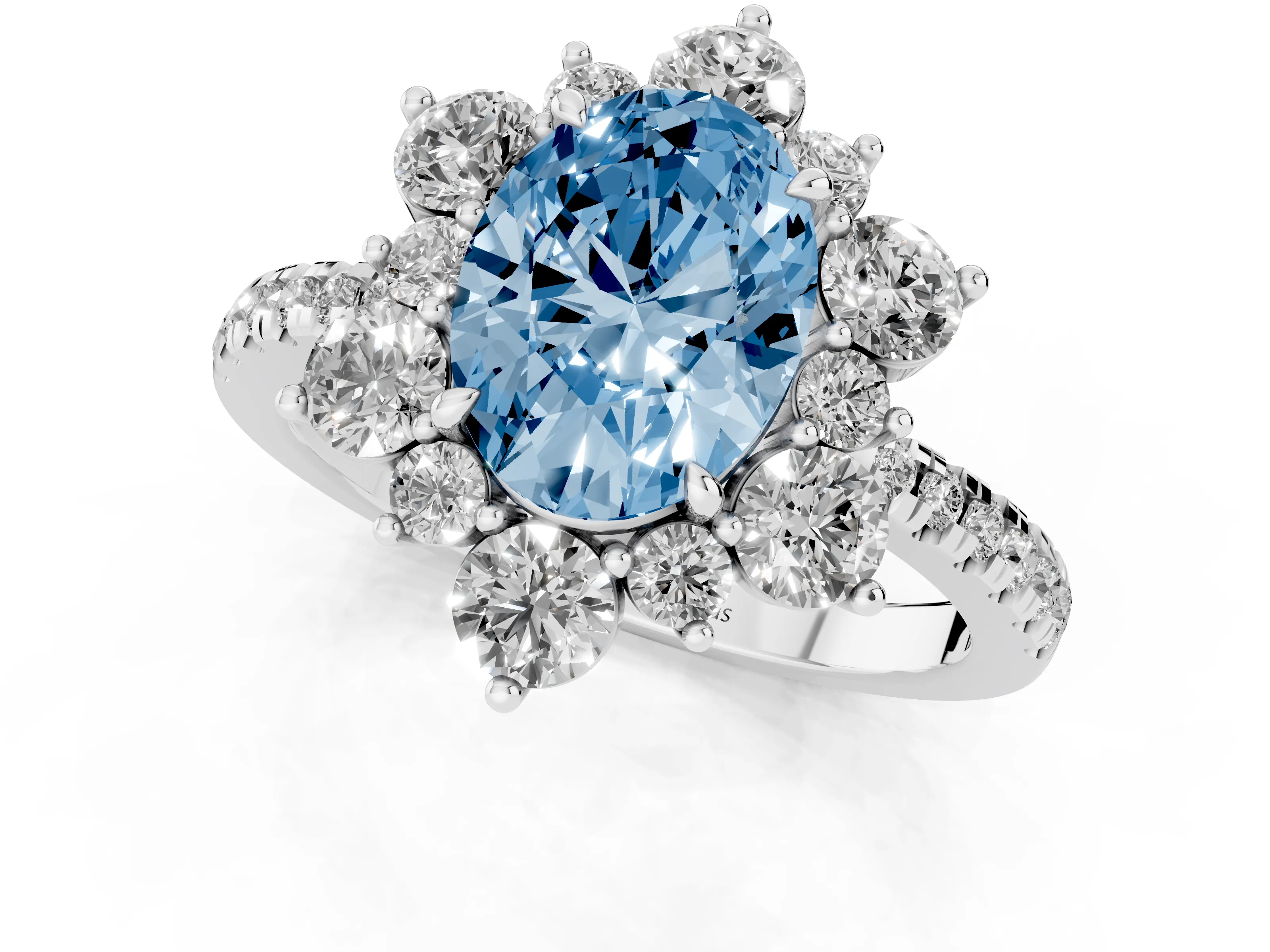 Fancy Blue Oval Cut Diamond Floral Halo Ring Set in White gold with Round Pavé Band and Prong Setting