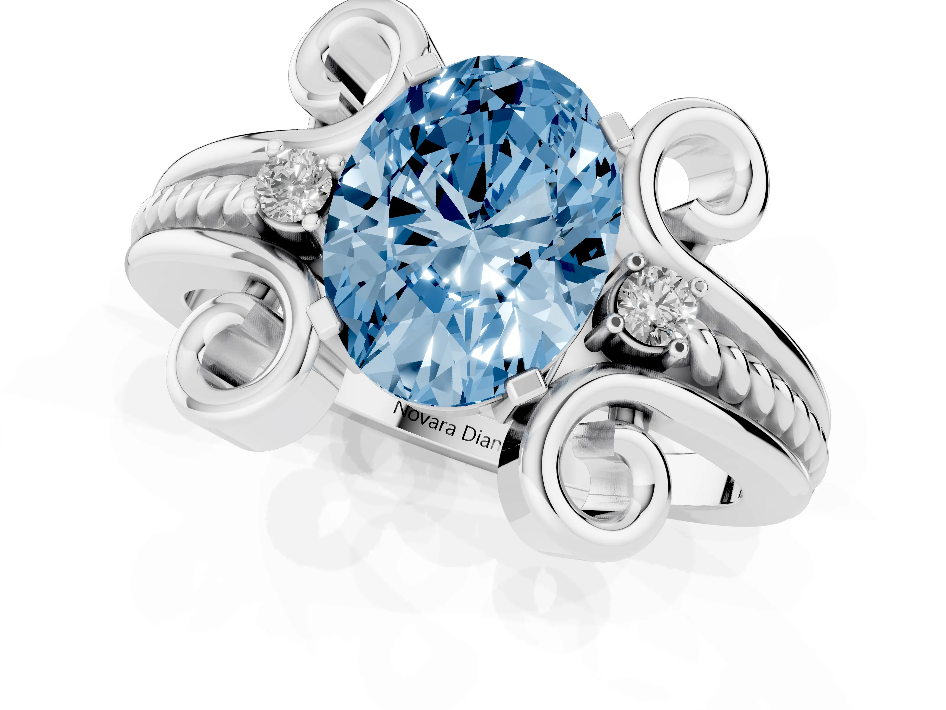 Fancy Blue Oval Cut Diamond Twisted Band Solitaire Ring Set in Silver with Scroll Prongs
