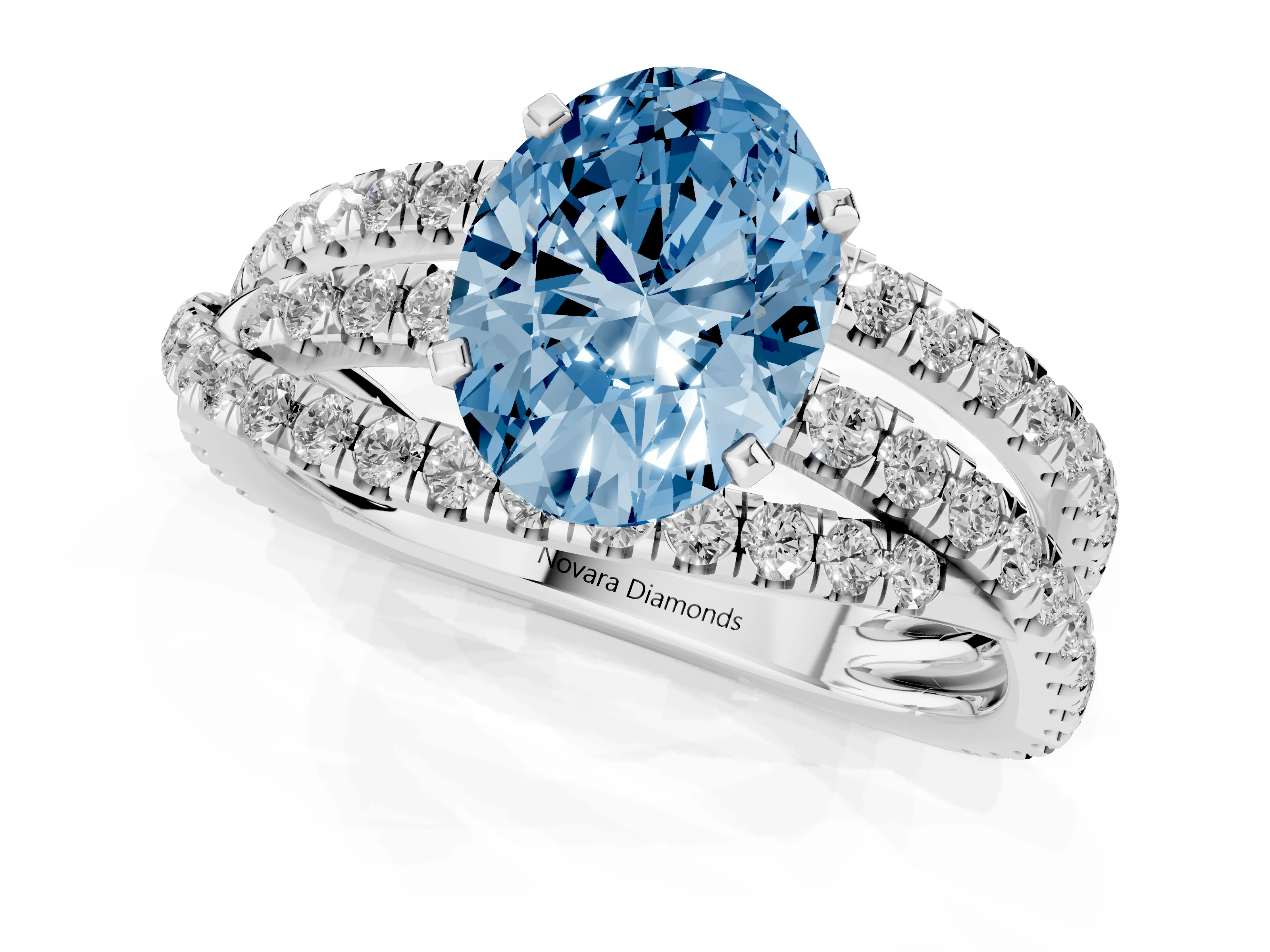 Fancy Blue Oval Cut Diamond Solitaire Twist Band Ring Set in Platinum with Pavé Setting and Prong Head