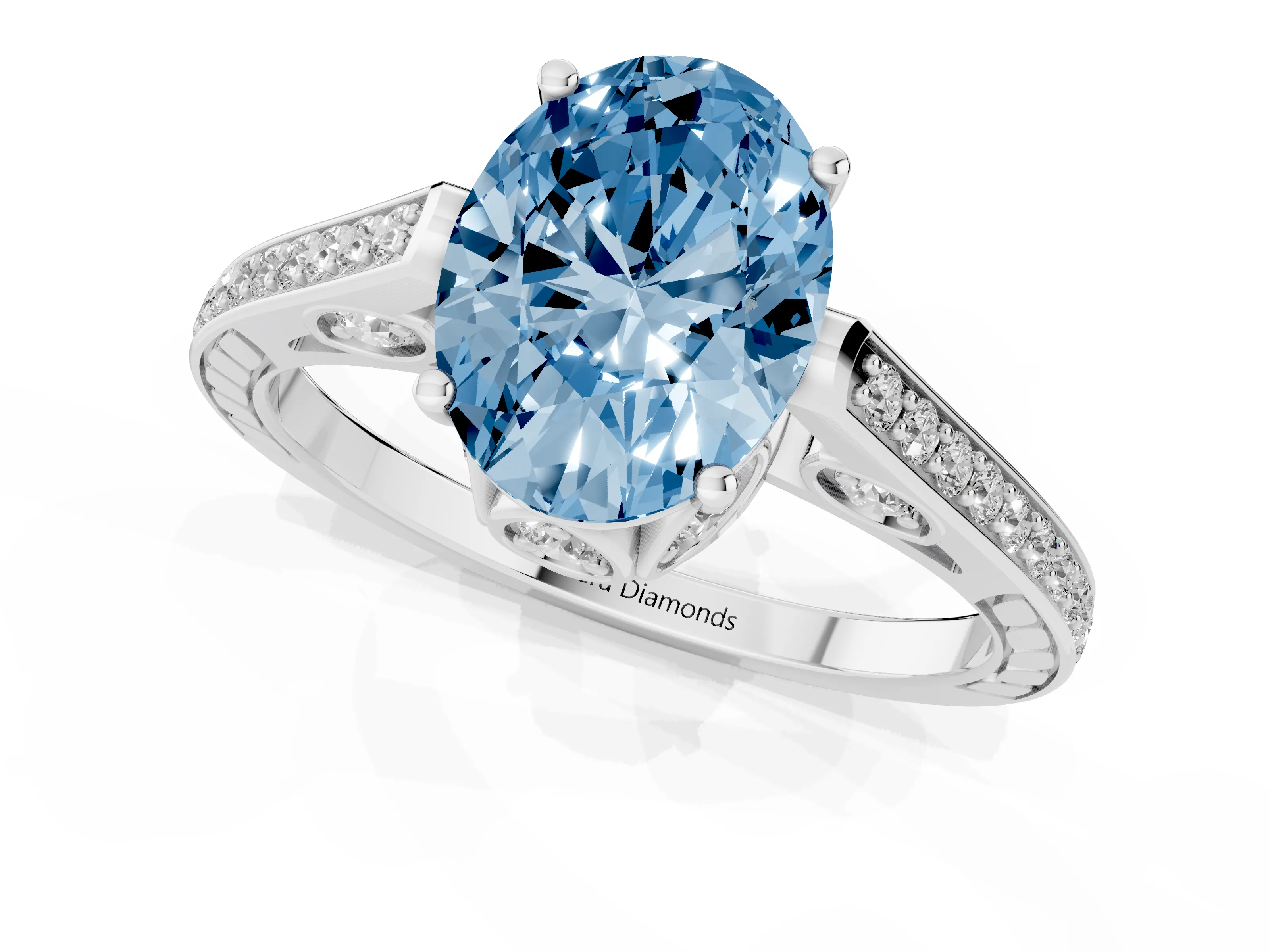 Fancy Blue Oval Cut Diamond Cathedral Pavé Engagement Ring Set in White gold with Prong Setting