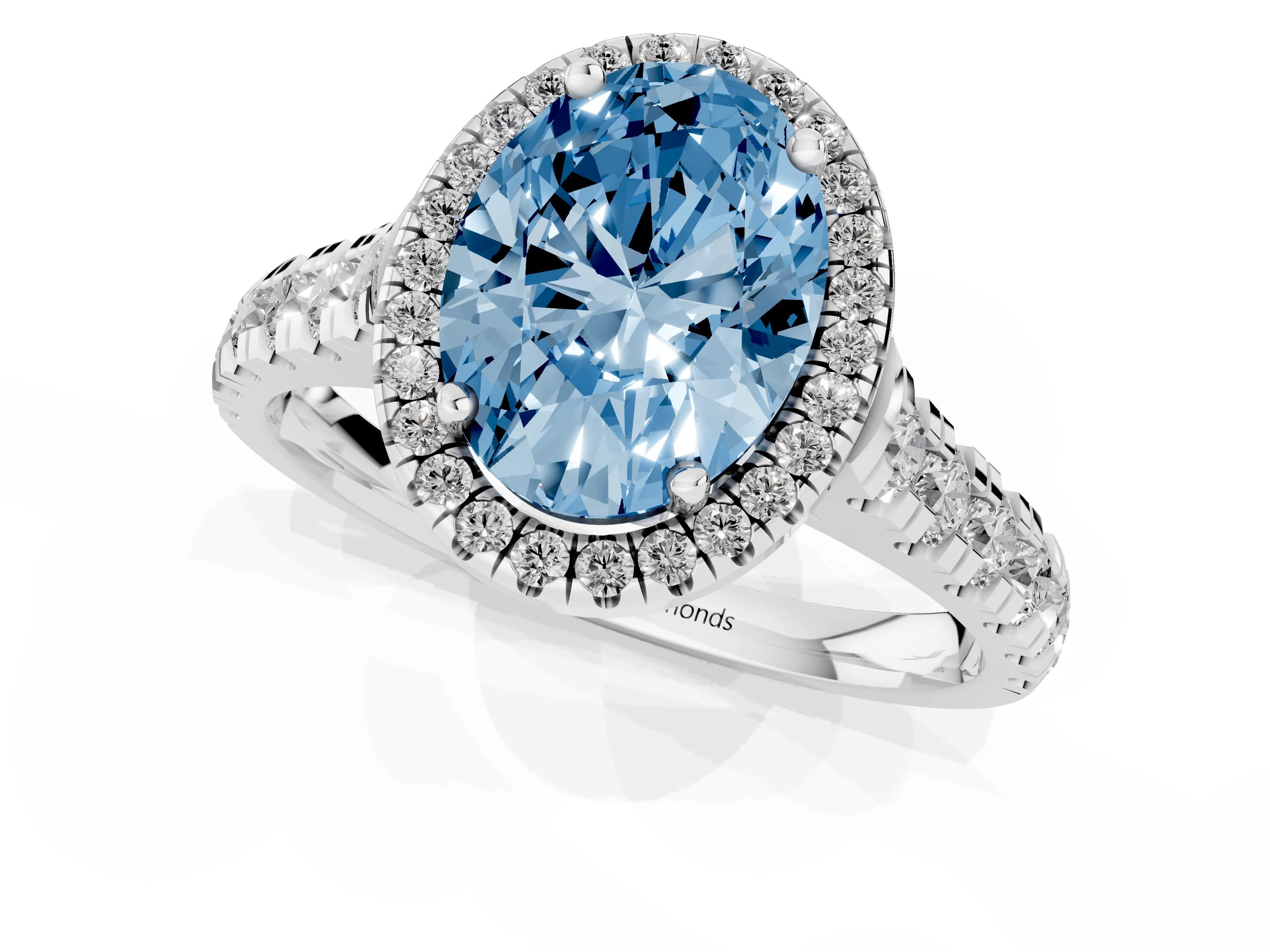 Fancy Blue Oval Cut Diamond Halo Engagement Ring Set in Platinum with Pavé Band and Prong-Set Center