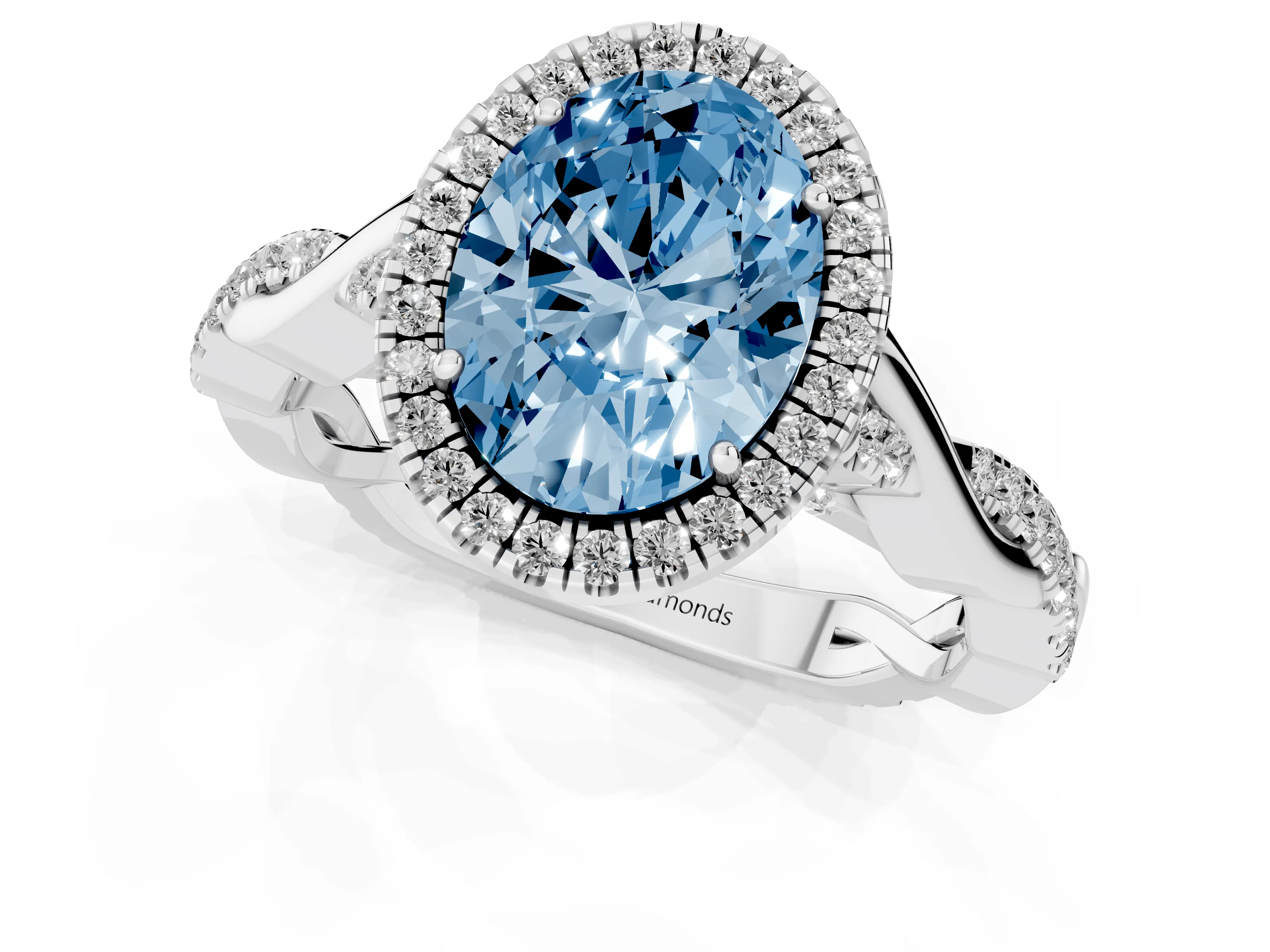 Fancy Blue Oval Cut Diamond Halo Twist Band Solitaire Ring Set in Silver with Prong Setting