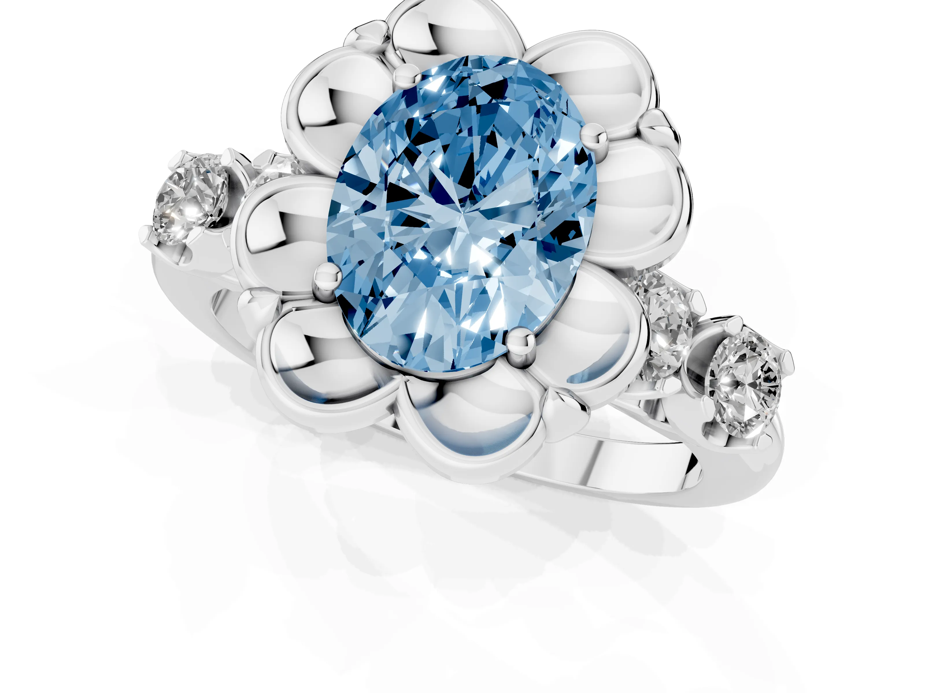 Fancy Blue Oval Cut Diamond Floral Halo Ring Set in Silver with Shared Prong Band