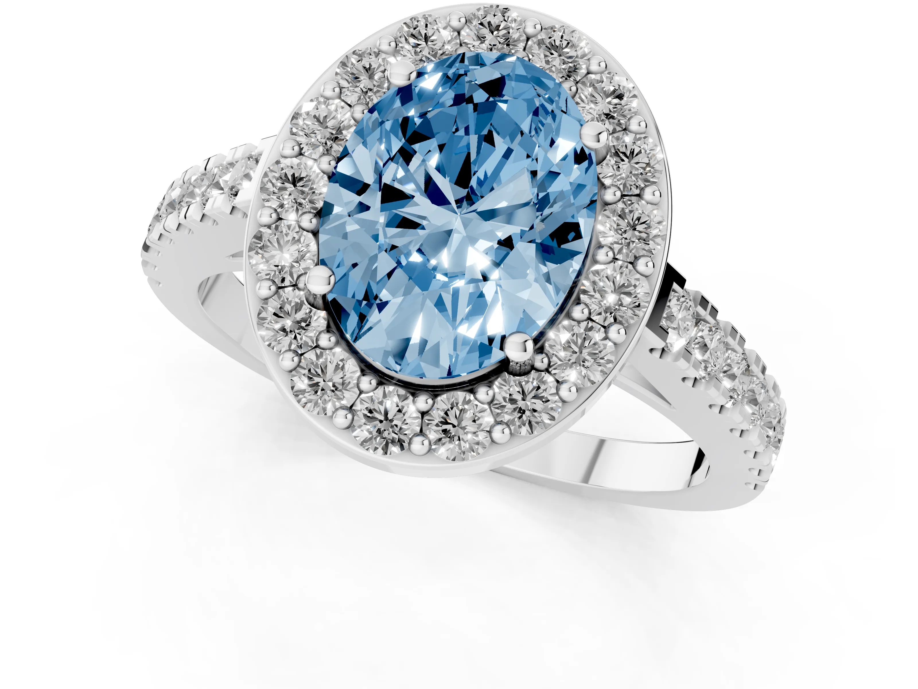 Fancy Blue Oval Cut Diamond Halo Ring Set in Silver with Round Pavé Split Shank and Prong Setting