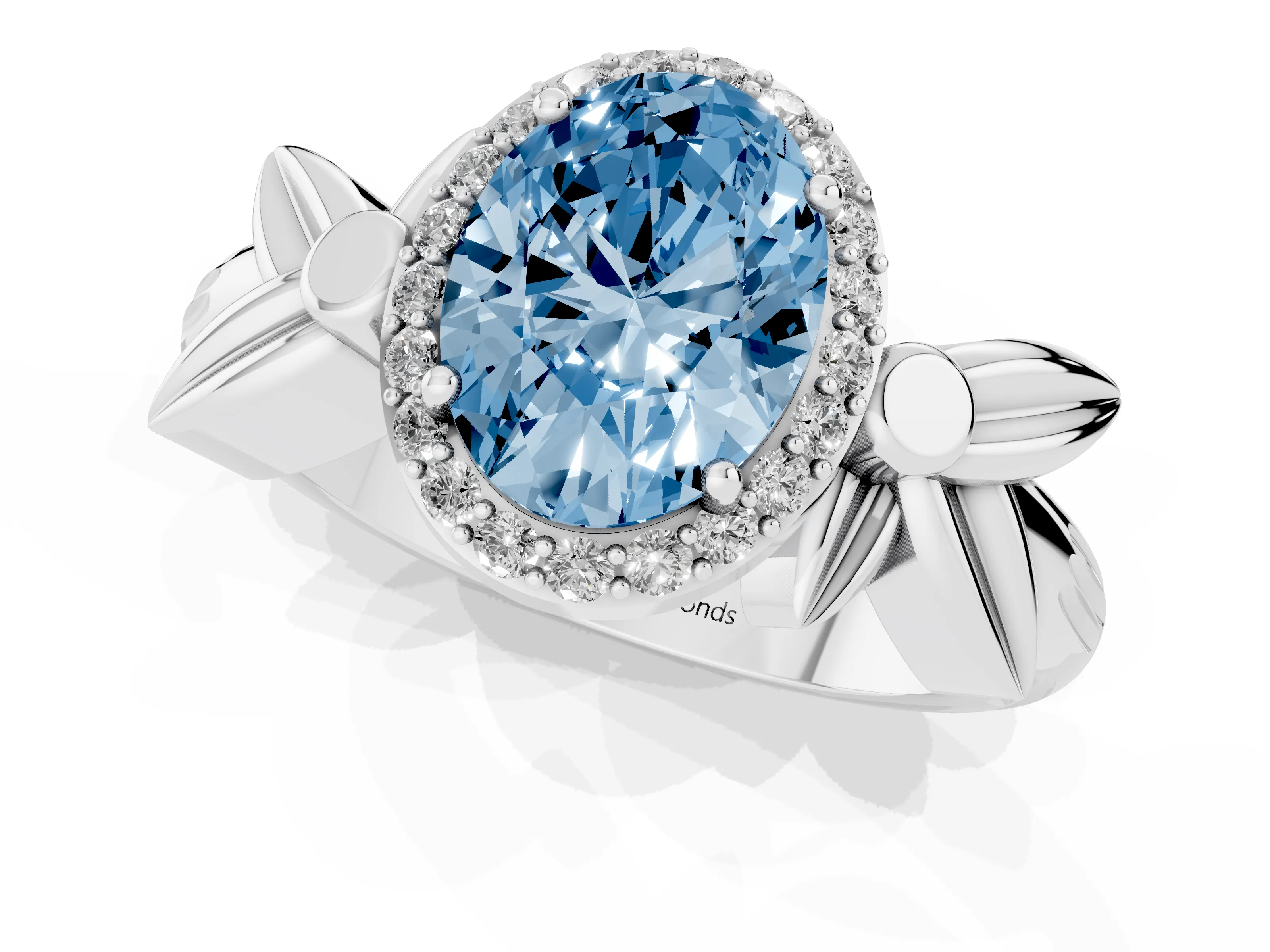 Fancy Blue Oval Cut Diamond Halo Floral Band Ring Set in Platinum with Prong Setting
