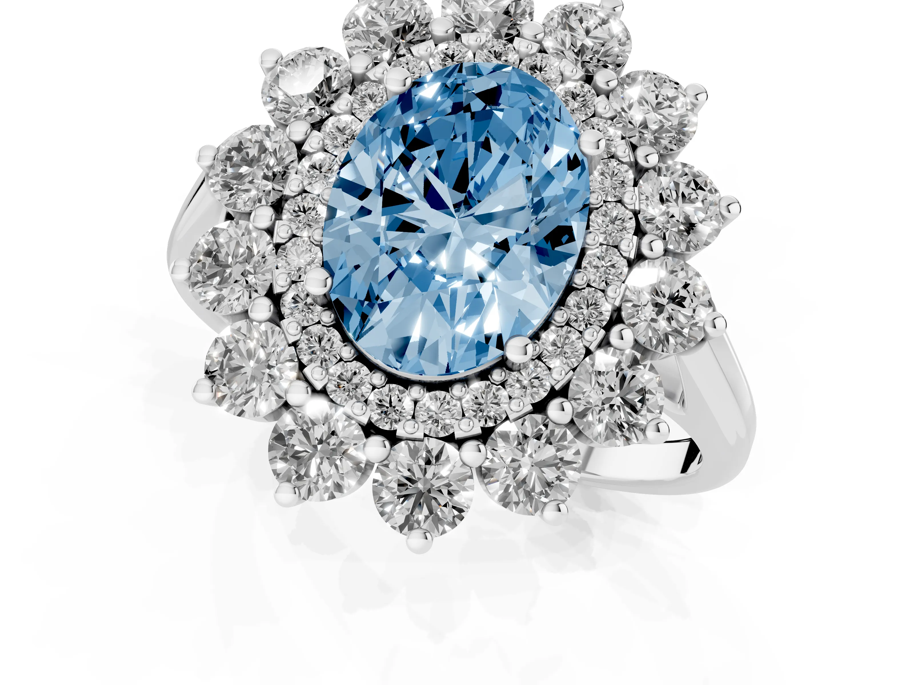 Fancy Blue Oval Cut Diamond Floral Double Halo Ring Set in Platinum with Round Petals