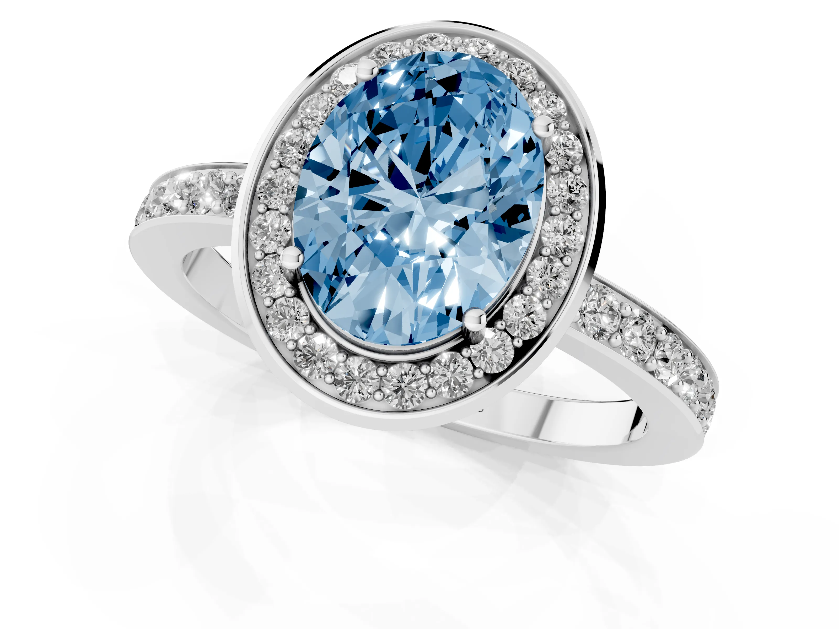 Fancy Blue Oval Cut Diamond Halo Ring Set in White gold with Bezel Frame and Pavé Band