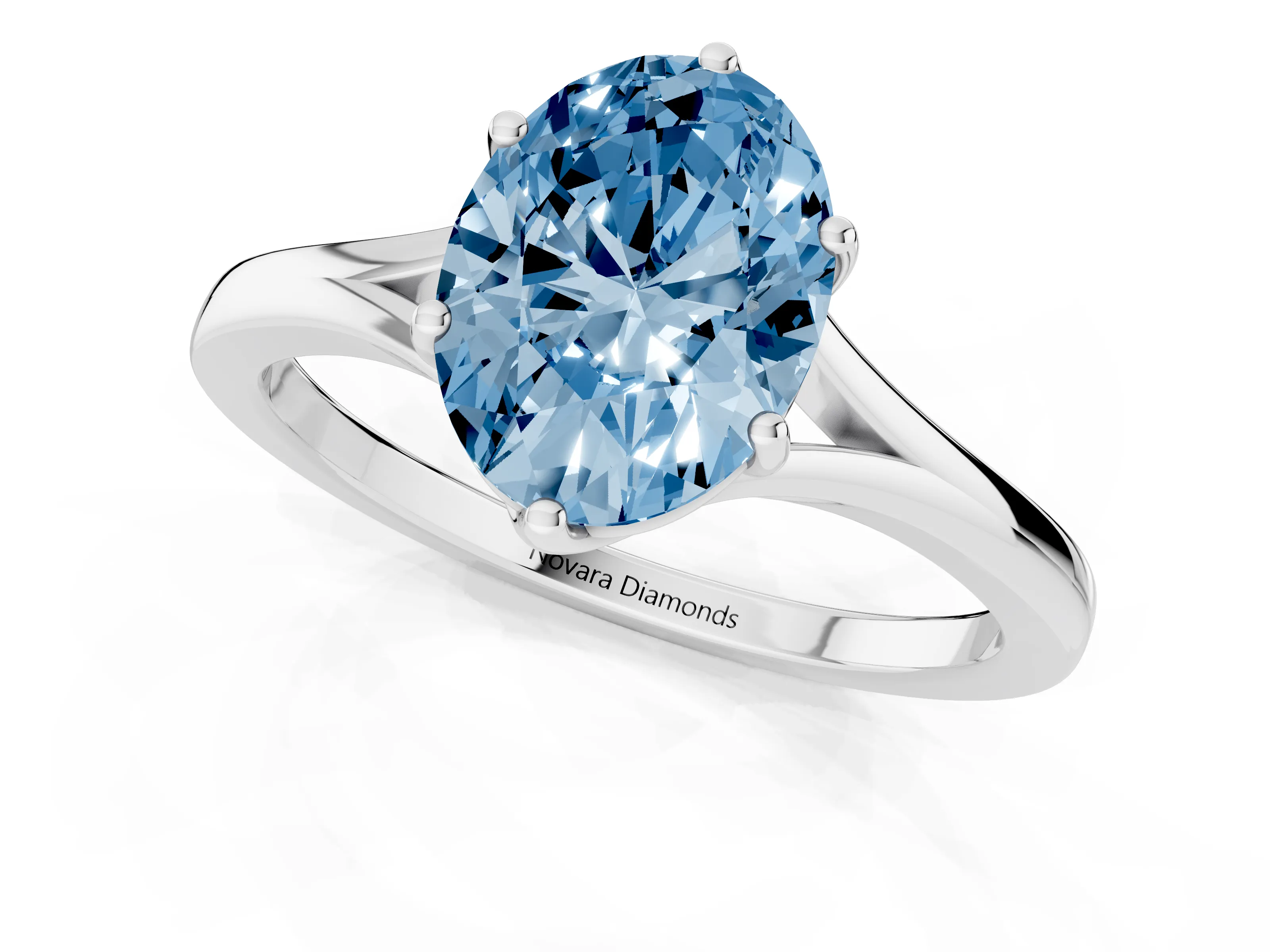 Fancy Blue Oval Cut Diamond Solitaire Ring Set in Silver with Polished Tapered Band and Prong Setting