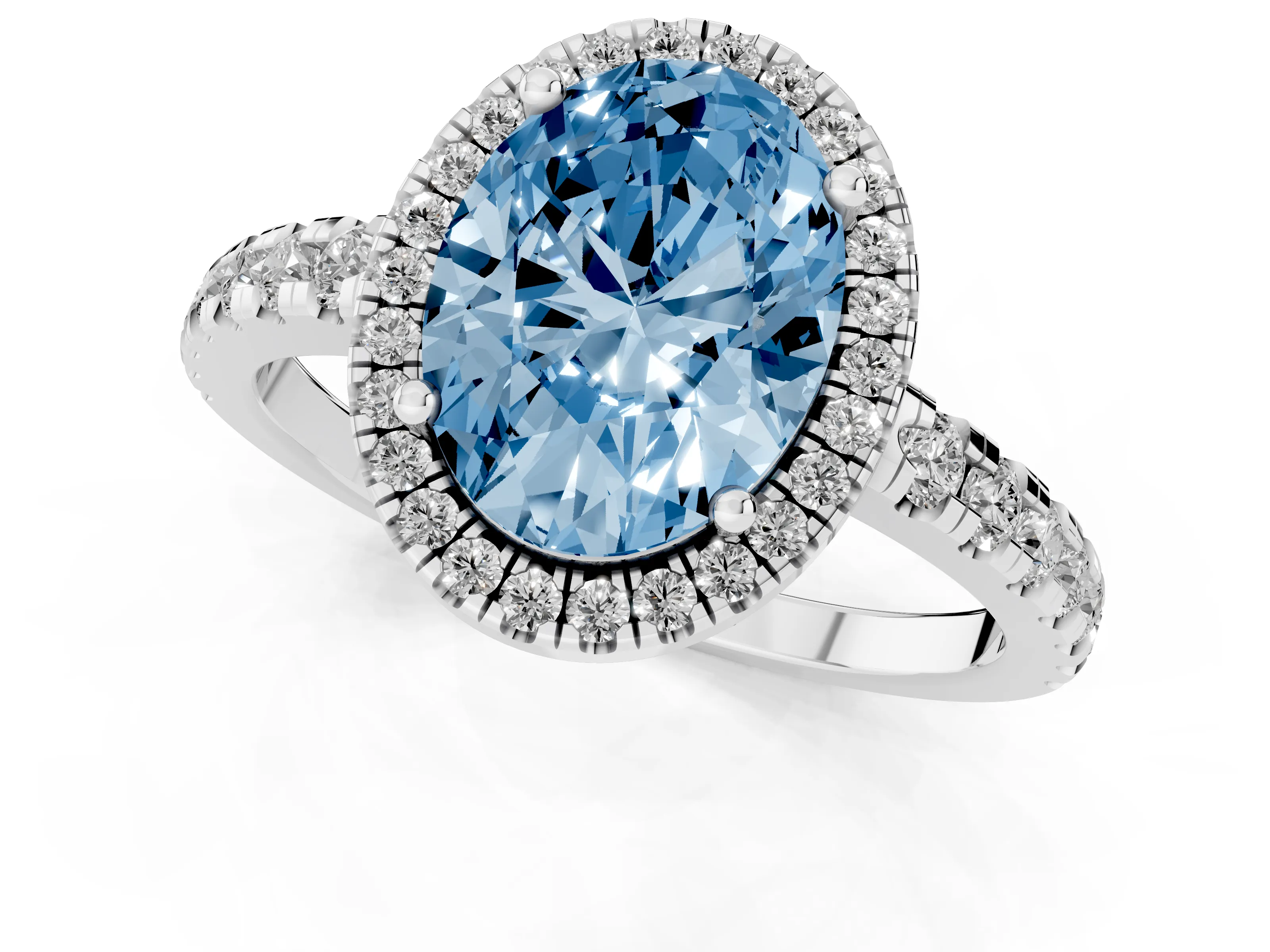 Fancy Blue Oval Cut Diamond Halo Ring Set in Silver with Delicate Pavé Band and Prong Setting