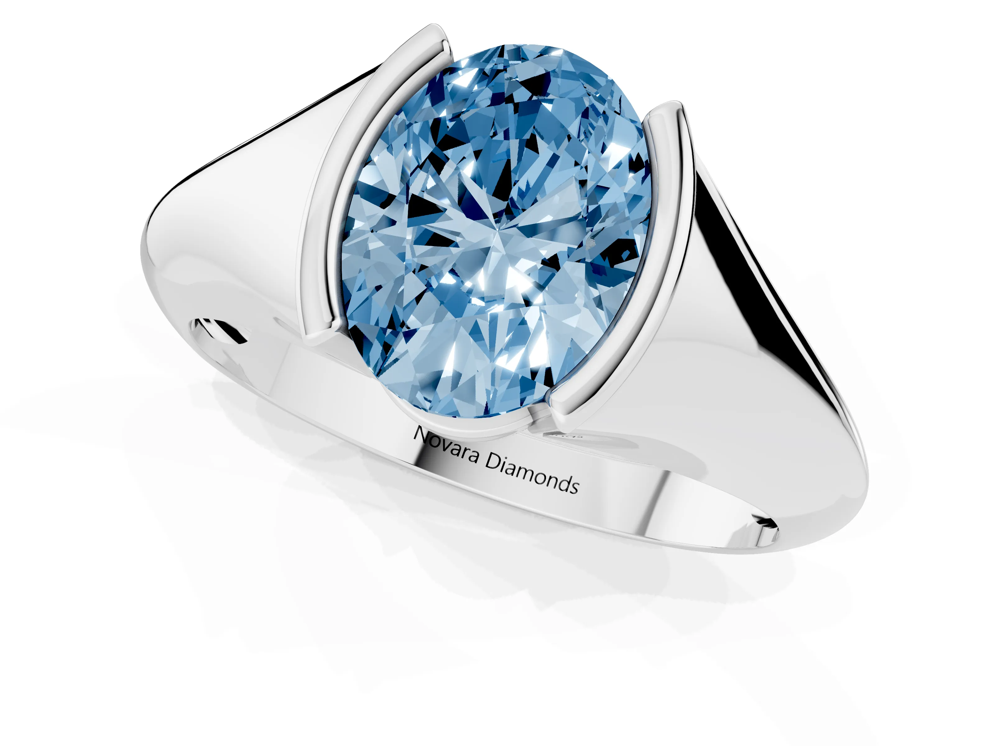 Fancy Blue Oval Cut Diamond Solitaire Tension Set Ring Set in Silver