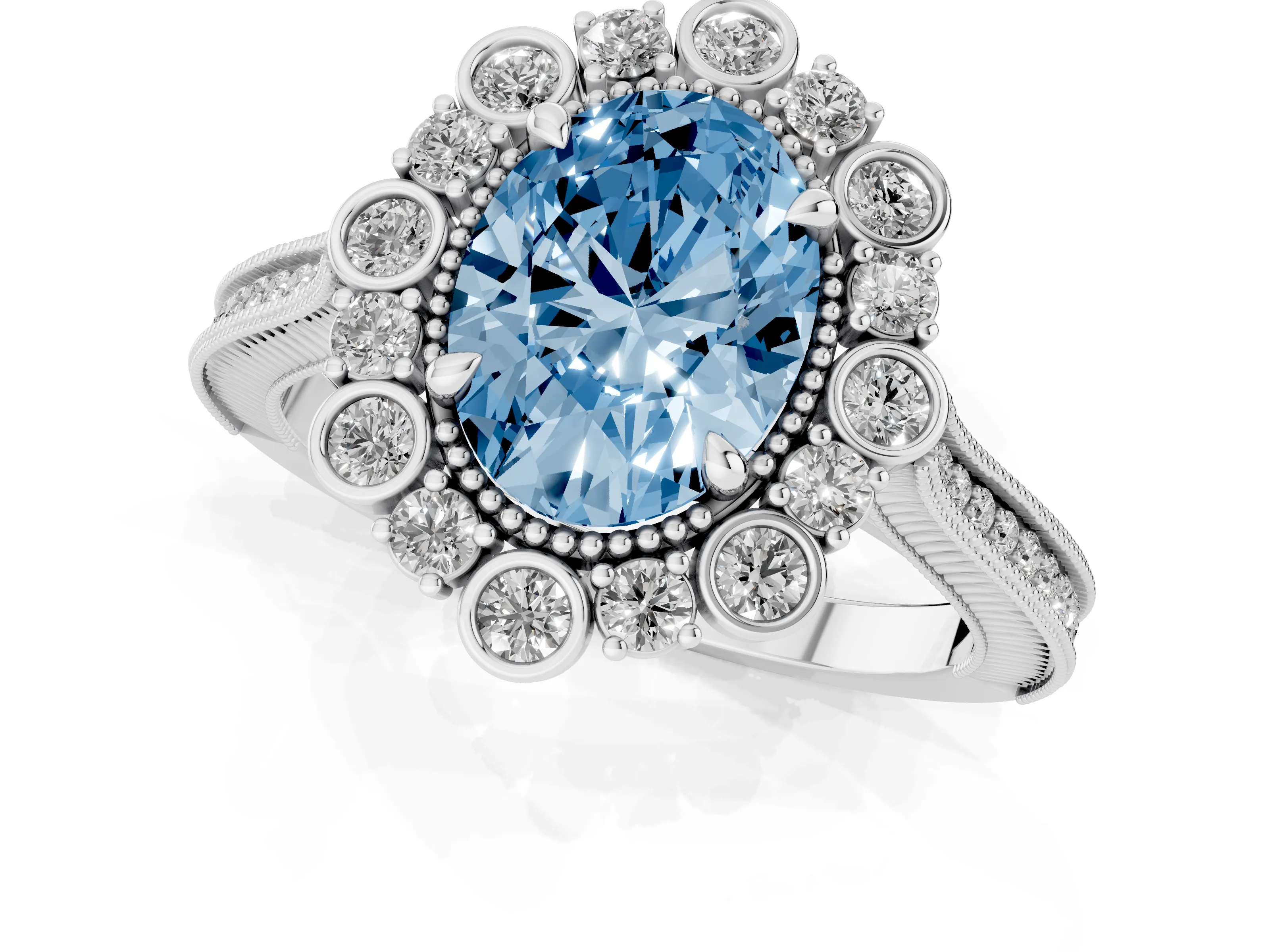 Fancy Blue Oval Cut Diamond Halo Milgrain Pavé Ring Set in Silver with Prong Setting