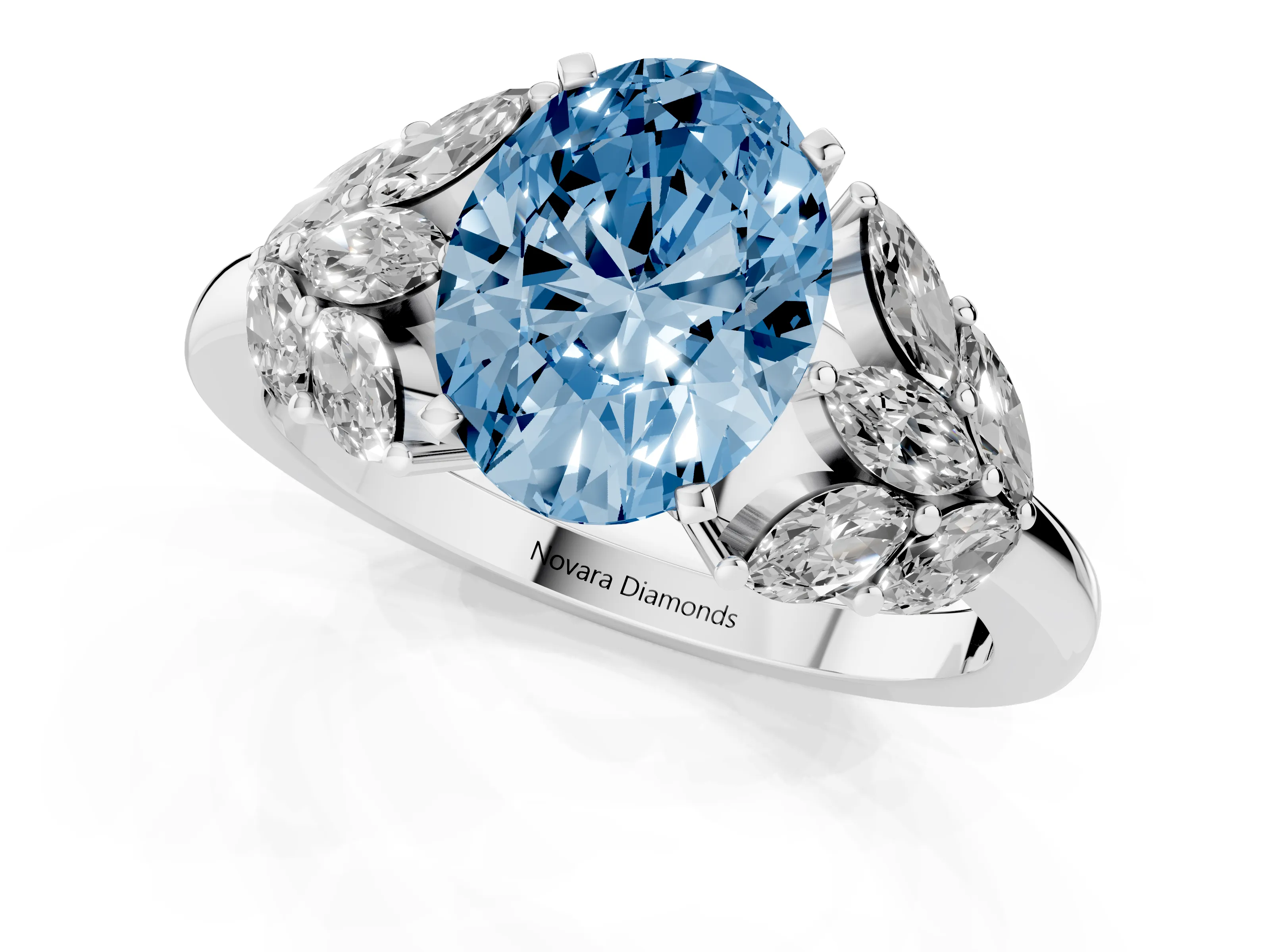 Fancy Blue Oval Cut Diamond Cluster Leaf Design Ring Set in White gold with Prong Setting