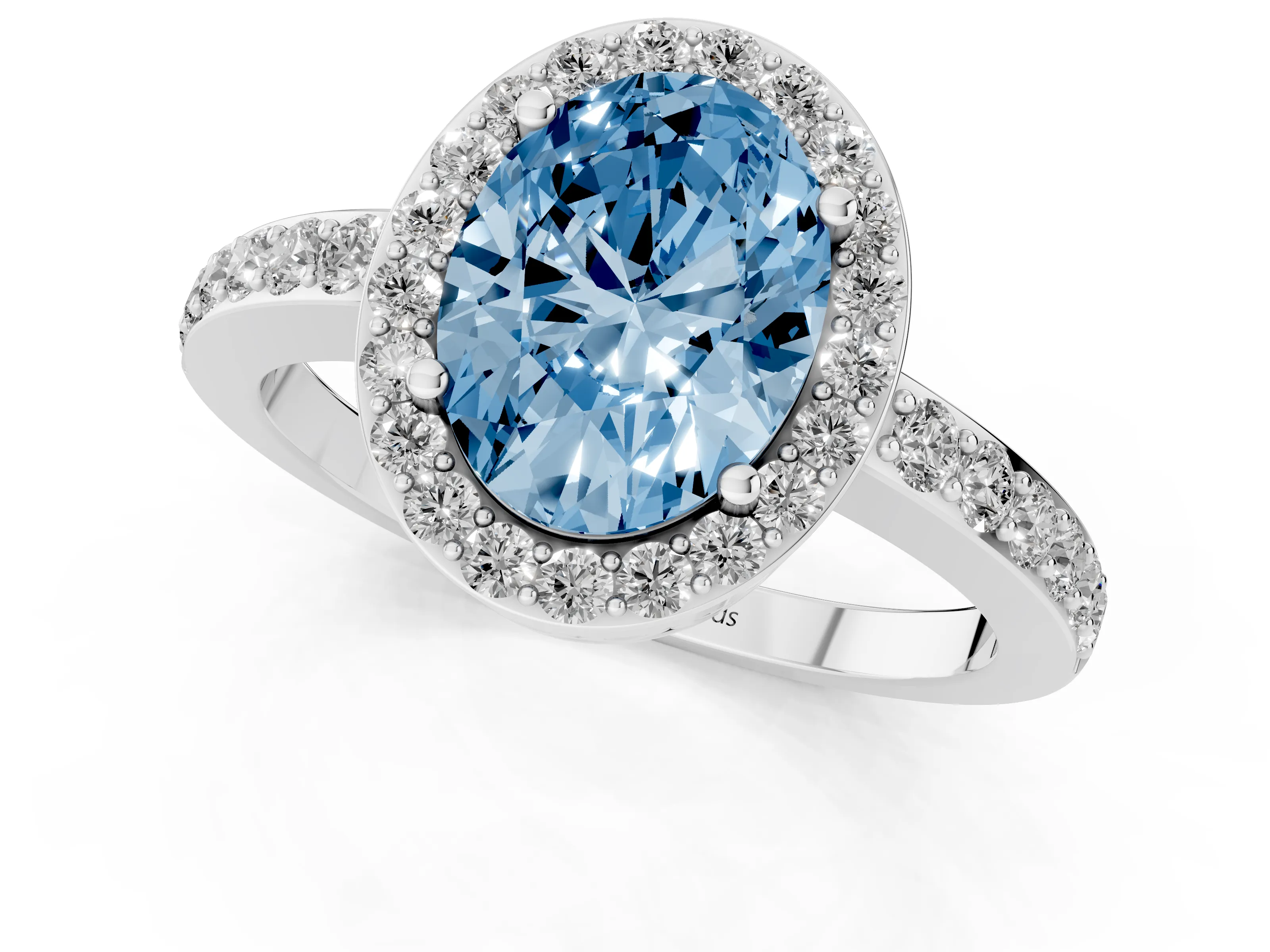 Fancy Blue Oval Cut Diamond Halo Ring Set in Platinum with Pavé-Setting Band and Open Prong Center – second view