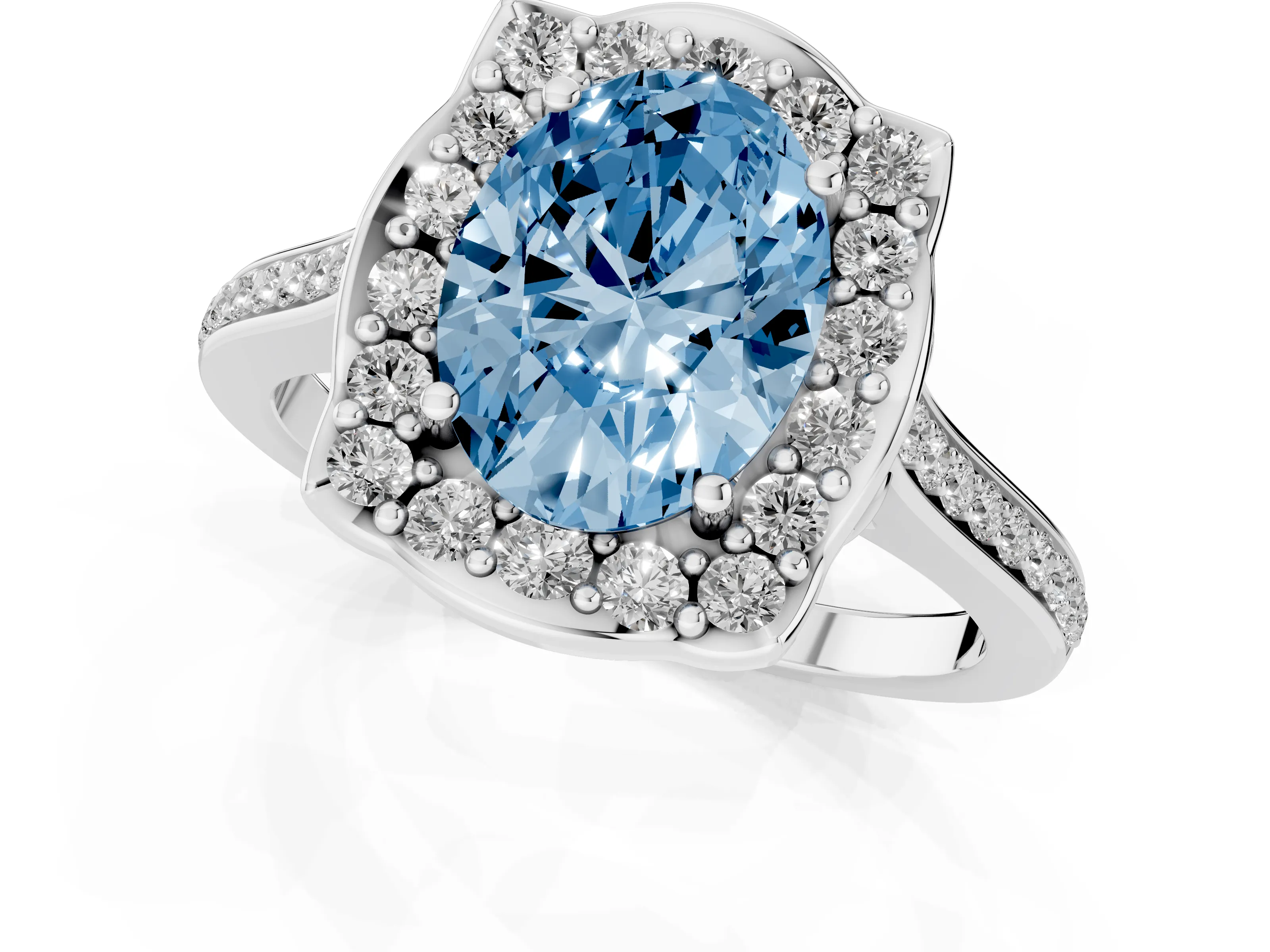 Fancy Blue Oval Cut Diamond Halo Ring Set in Silver with Pavé-Lined Shoulders and Prong Setting