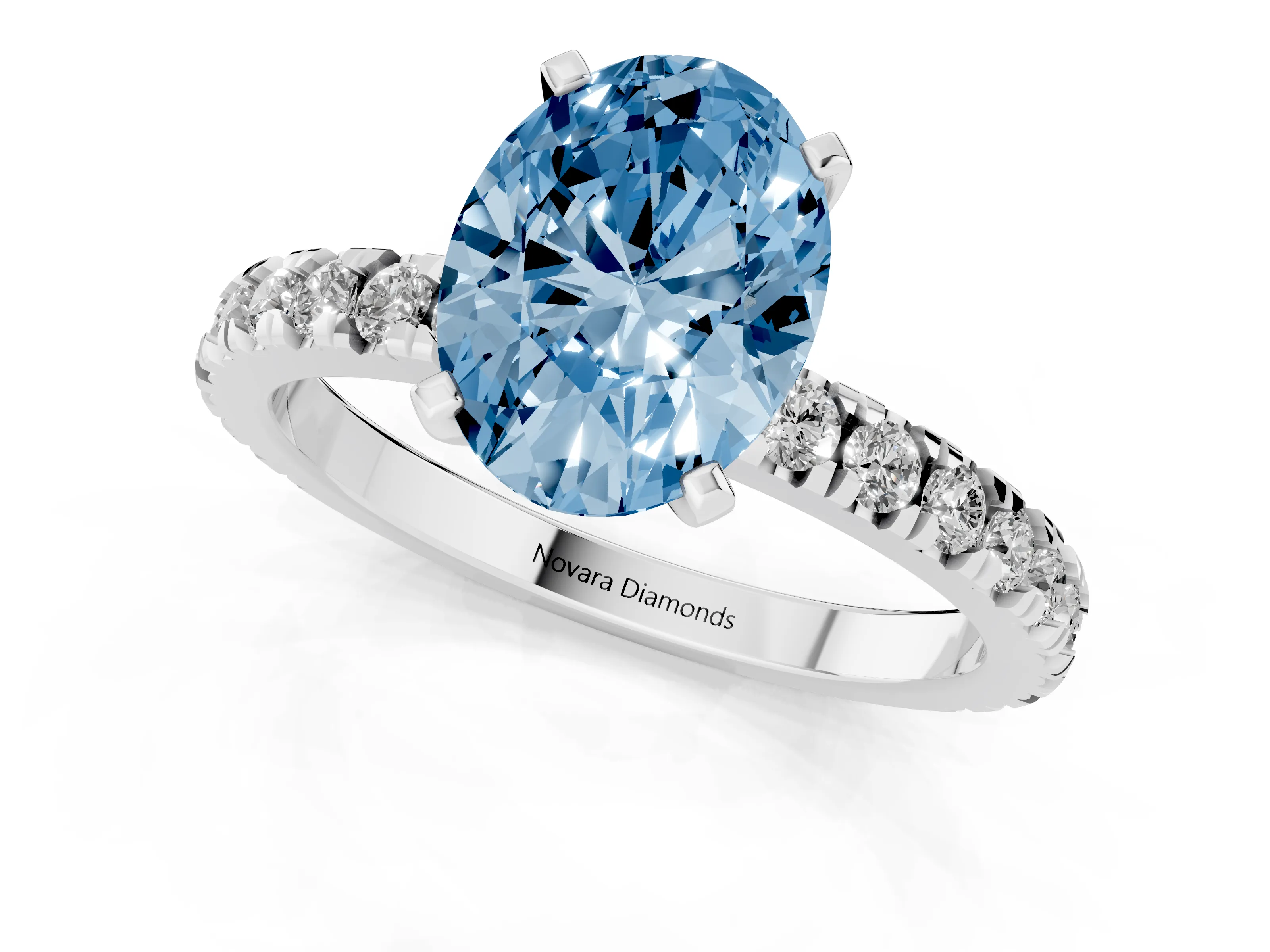 Fancy Blue Oval Cut Diamond Pavé Band Solitaire Set in Silver with Prong Setting