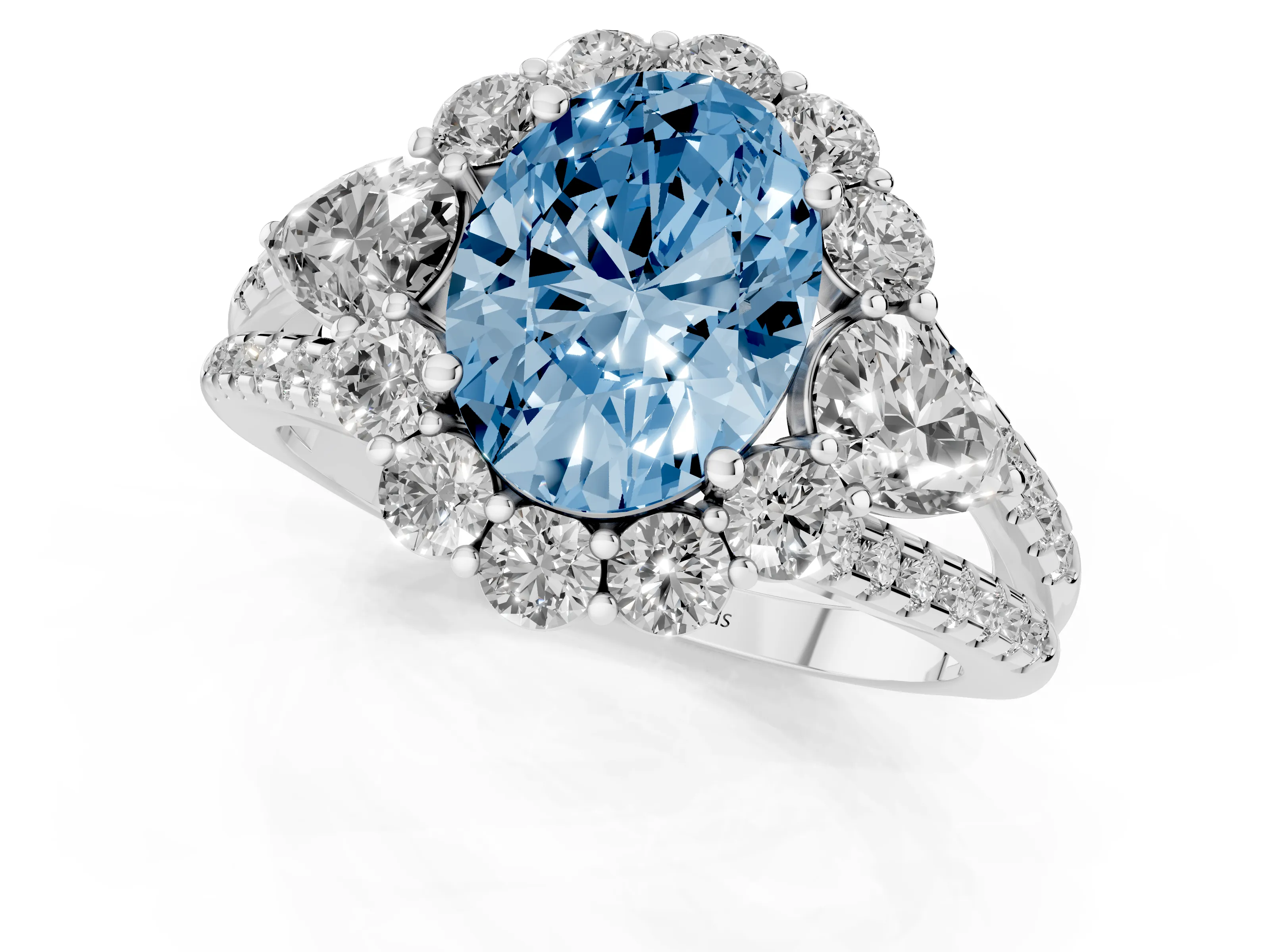 Fancy Blue Oval Cut Diamond Halo Split Shank Engagement Ring Set in Silver with Prong-Held Center Stone
