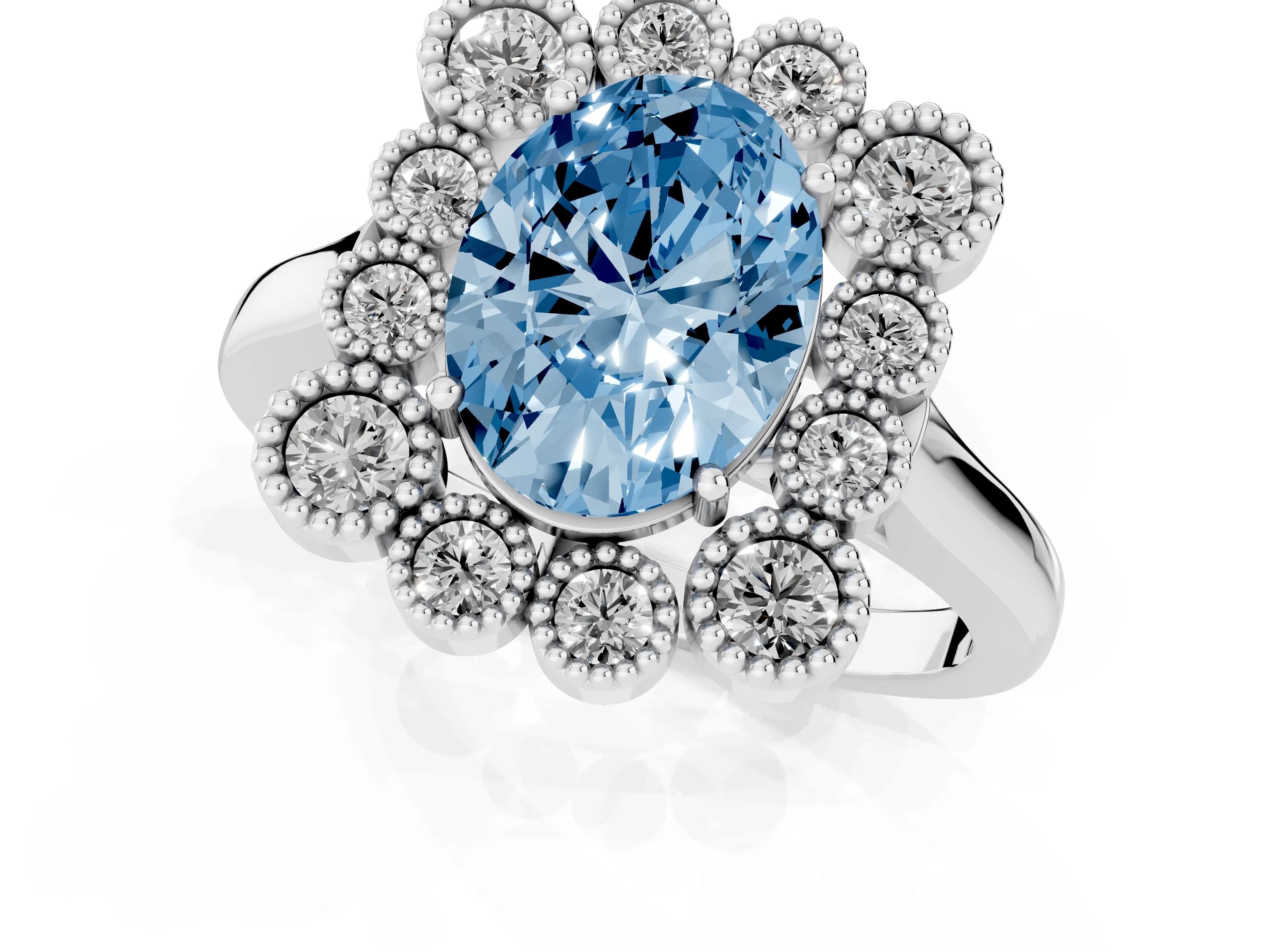 Fancy Blue Oval Cut Diamond Cluster Halo Ring Set in White gold with Milgrain Bezel Accents and Plain Band
