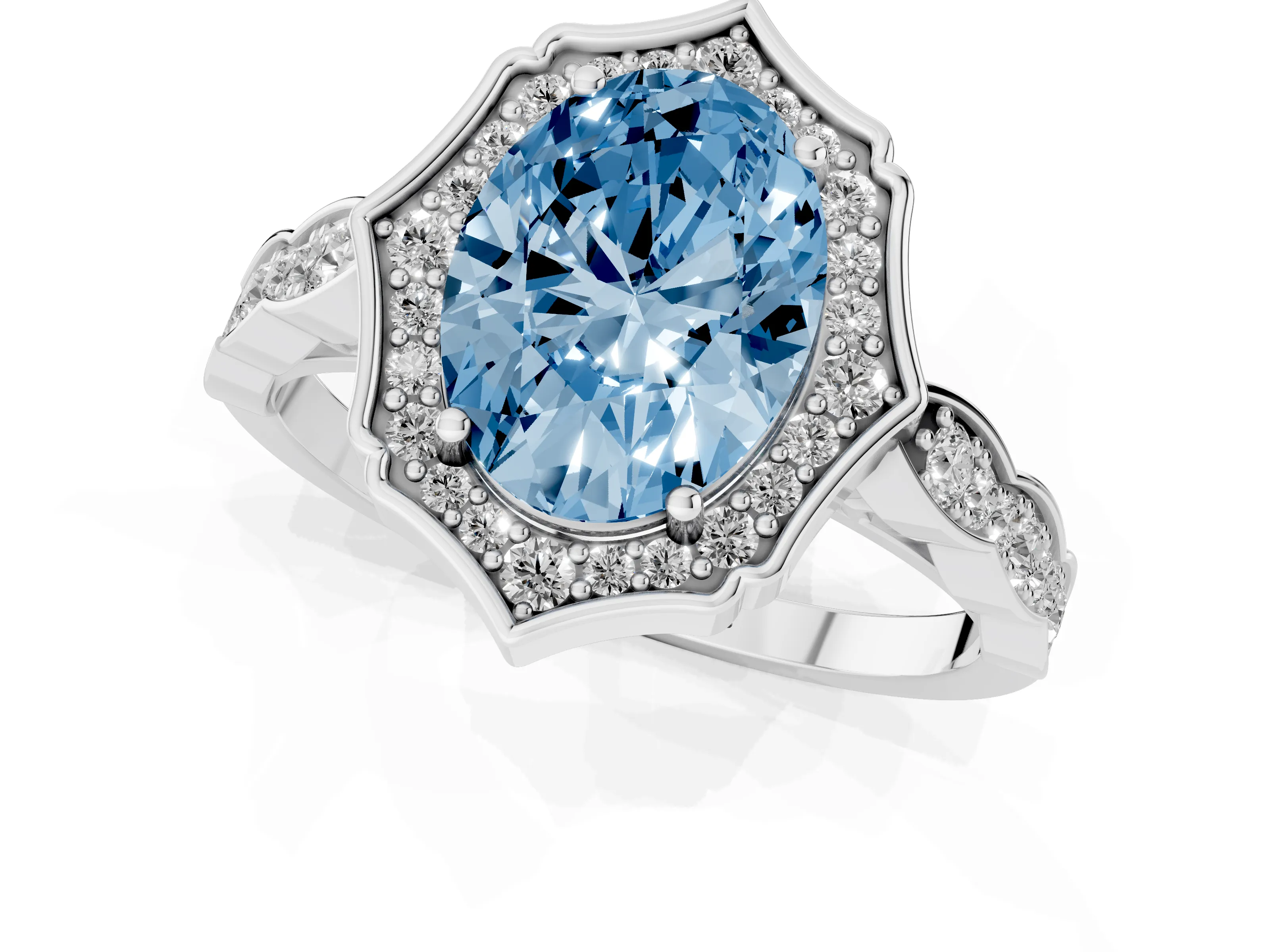 Fancy Blue Oval Cut Diamond Halo Engagement Ring Set in White gold with Milgrain Band and Prong Setting