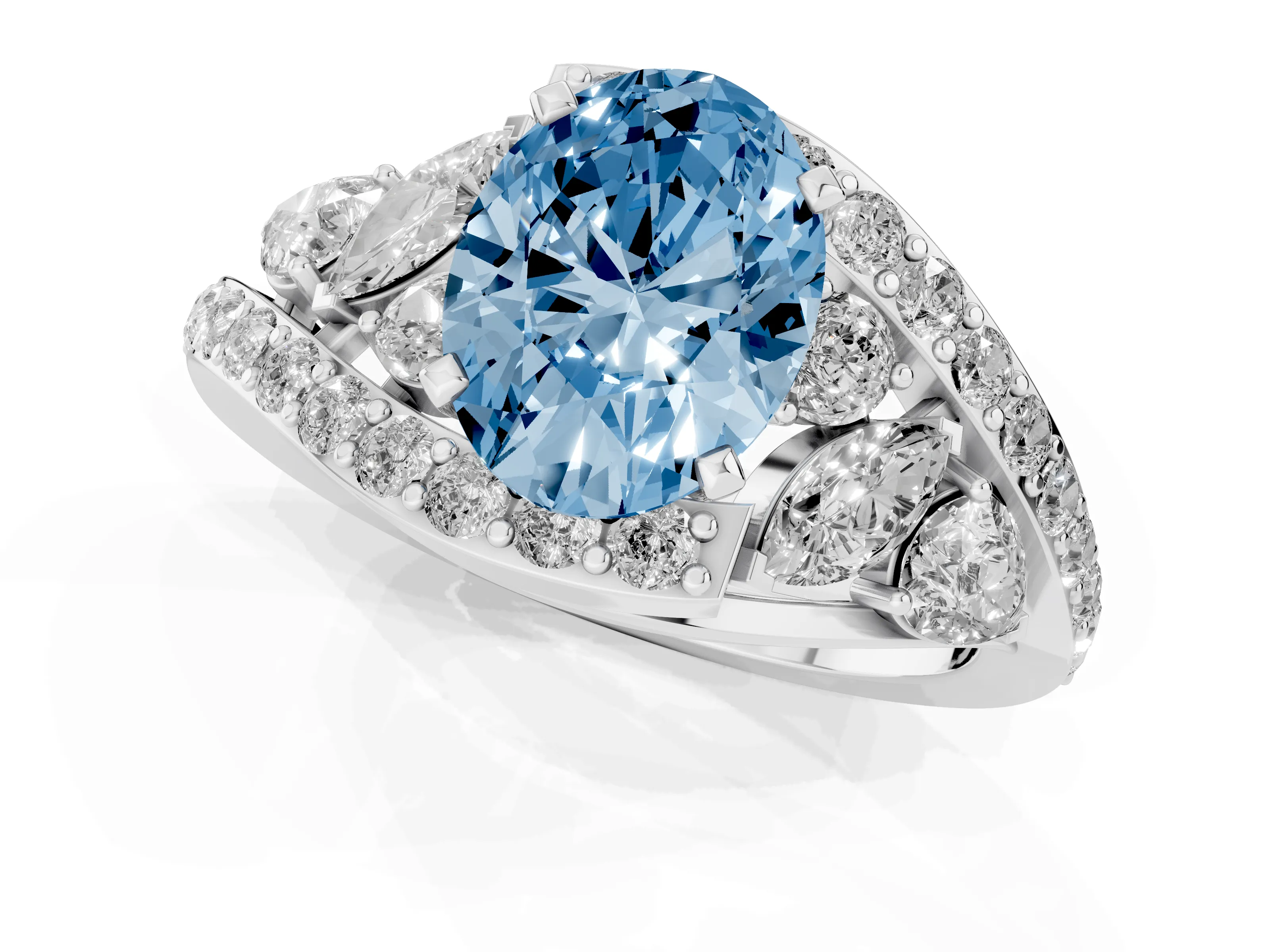 Fancy Blue Oval Cut Diamond Halo Ring Set in White gold with Marquise and Pavé Band in Prong Setting