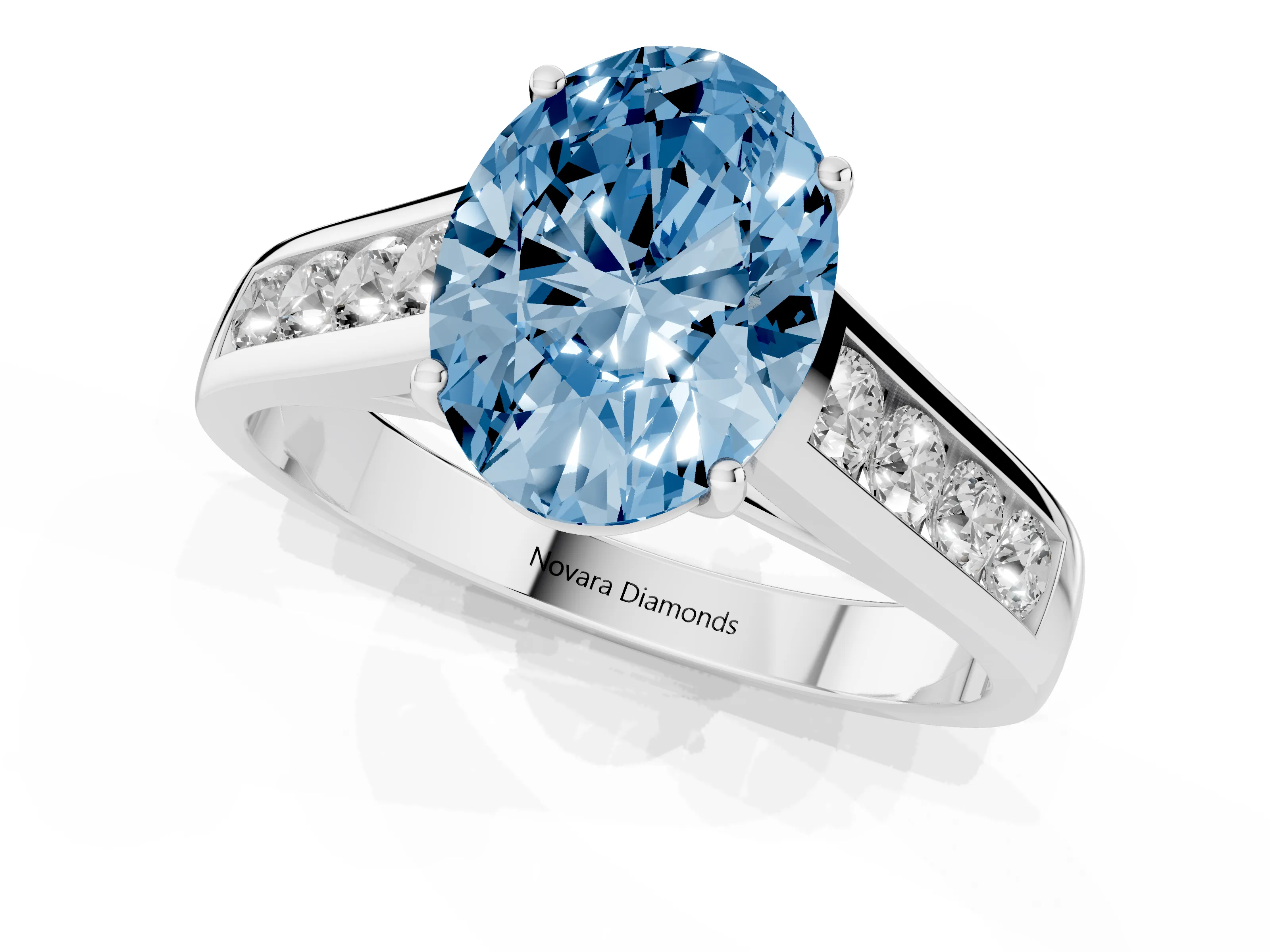 Fancy Blue Oval Cut Diamond Solitaire Channel-Set Engagement Ring Set in Silver with Prong Setting