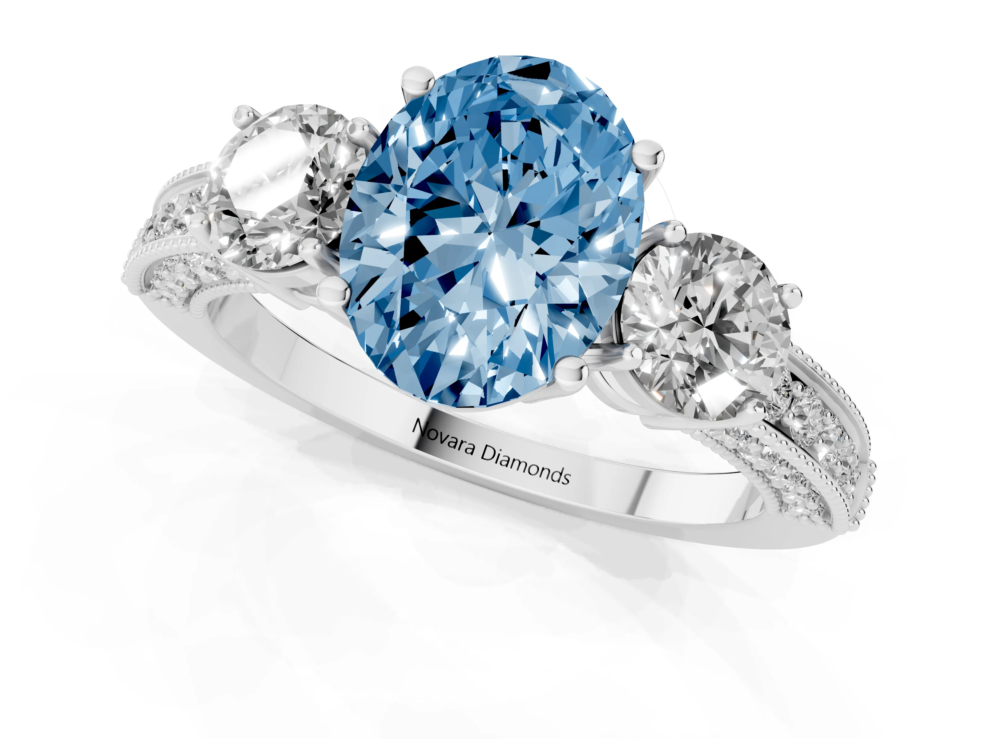 Fancy Blue Oval Cut Diamond Three-Stone Ring Set in Silver with Round Side Stones and Pavé Band
