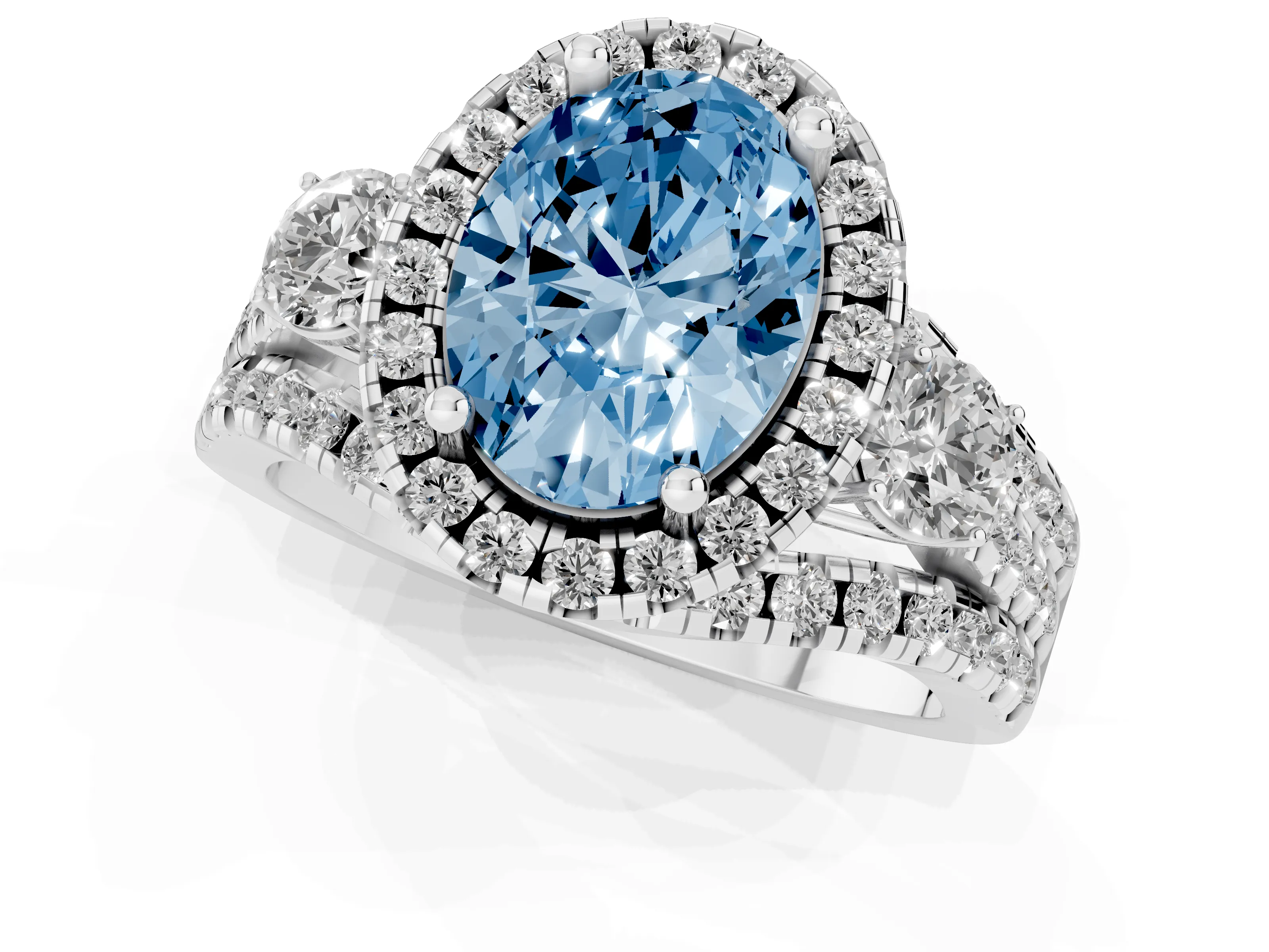 Fancy Blue Oval Cut Diamond Halo Split Shank Ring Set in Platinum with Round Accent Stones and Prong Setting