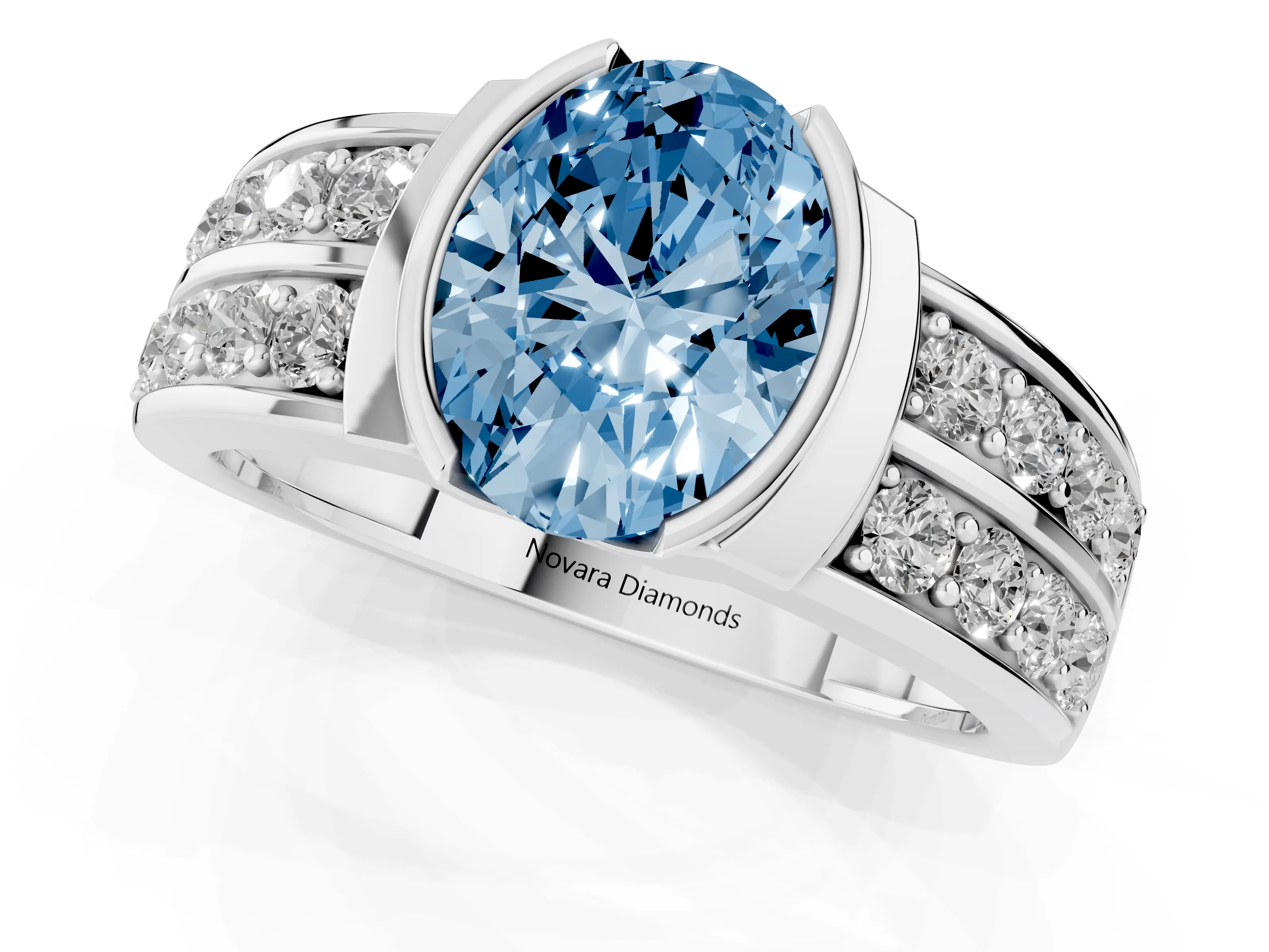 Fancy Blue Oval Cut Diamond Wide Channel Set Band Ring Set in White gold with Bezel Setting