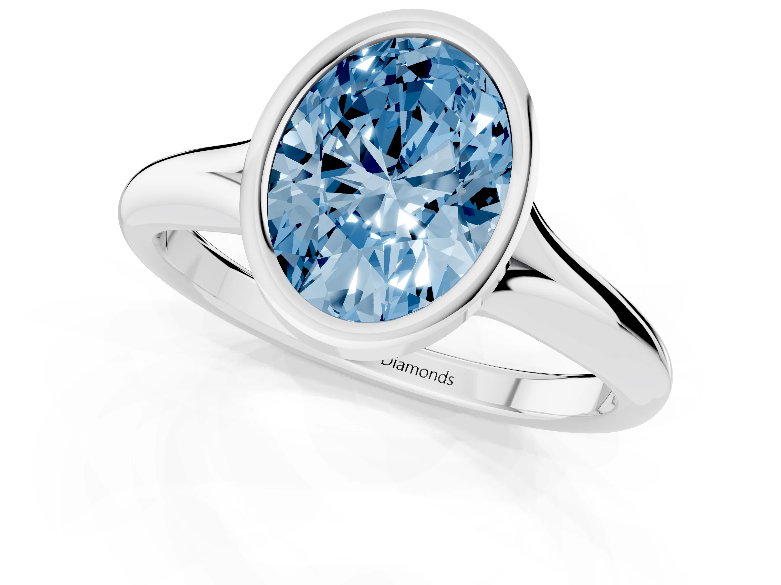 Fancy Blue Bezel Set Oval Cut Diamond Solitaire Ring Set in White gold with Smooth Band