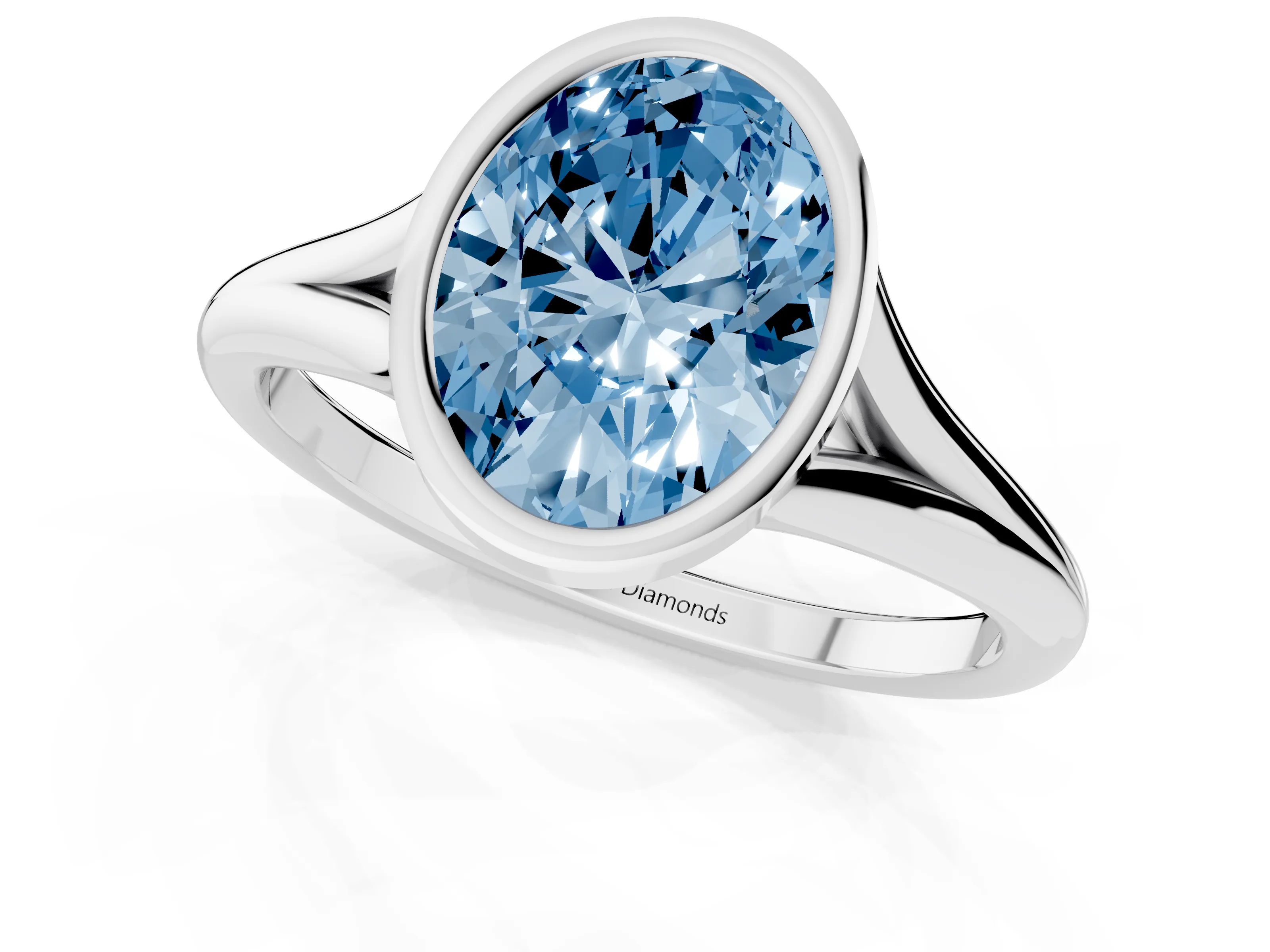 Fancy Blue Bezel Set Oval Cut Diamond Solitaire Ring Set in Silver with Tapered Band
