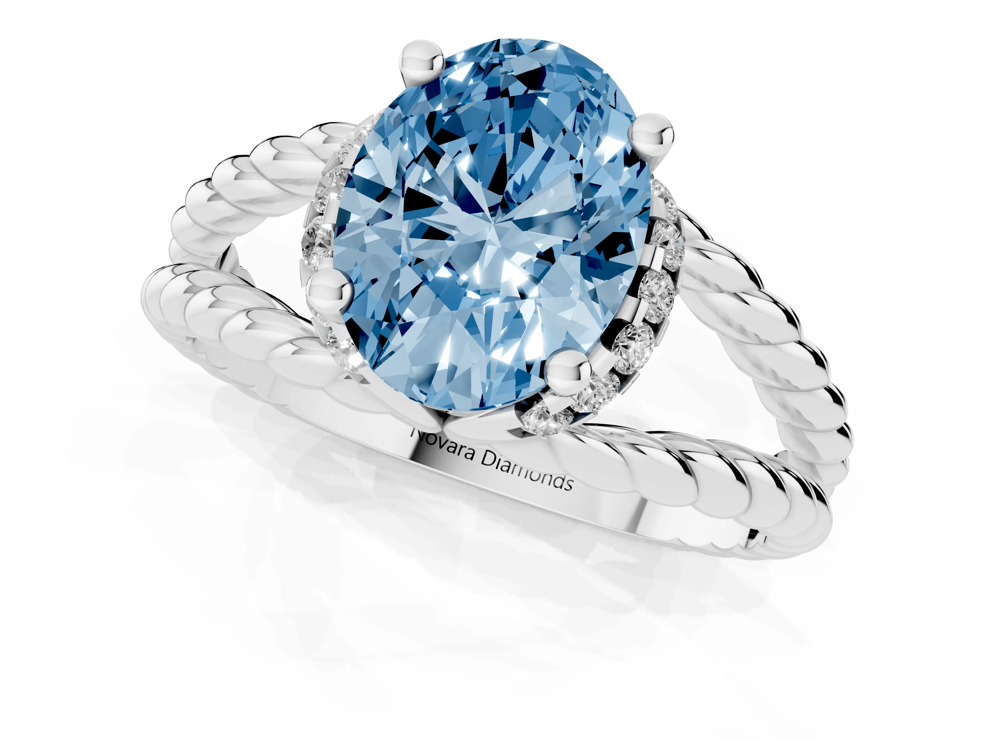 Fancy Blue Oval Cut Diamond Halo Ring Set in Platinum with Twisted Band and Prong Setting