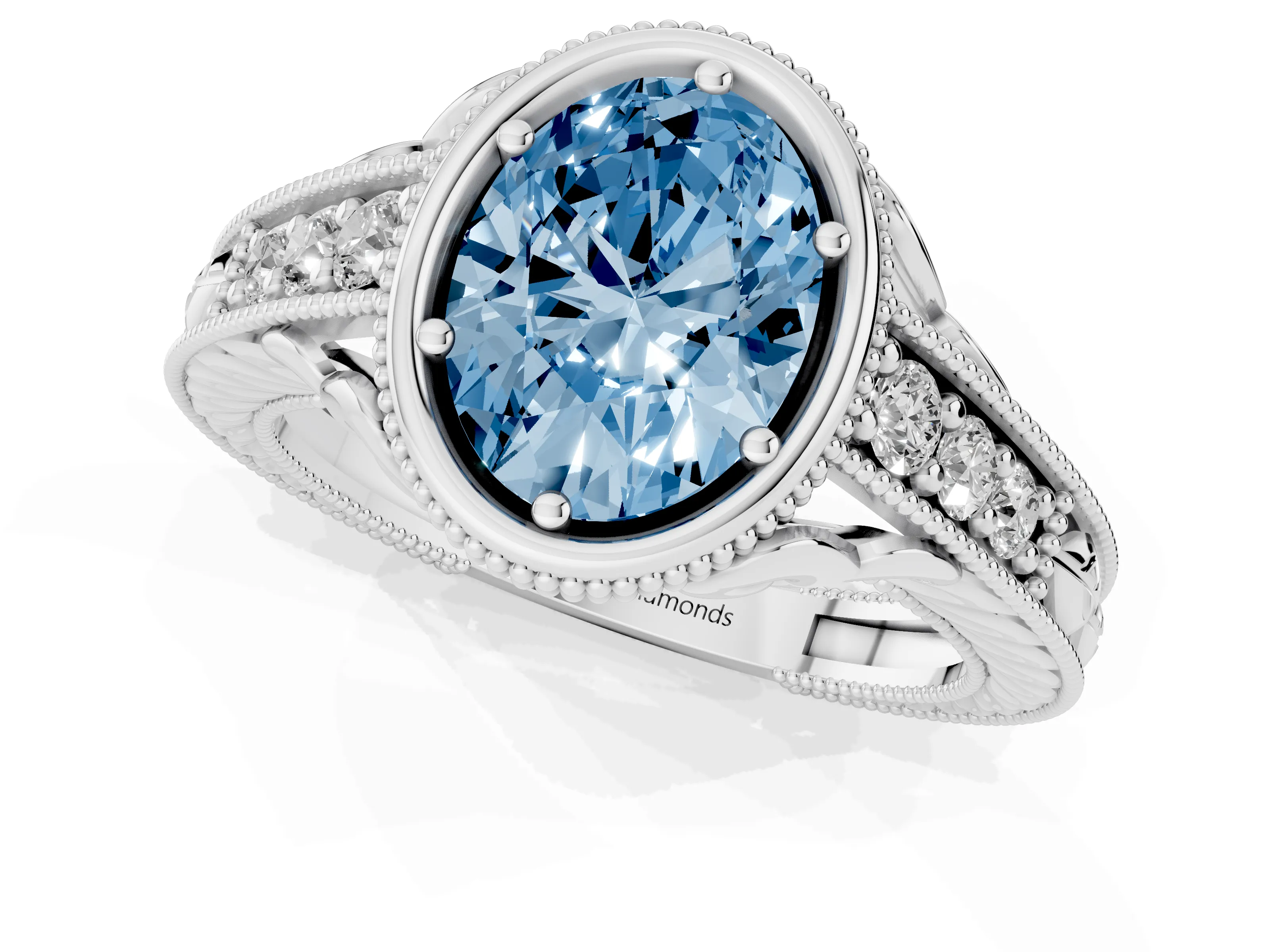 Fancy Blue Bezel Set Oval Cut Diamond Milgrain Pavé Engagement Ring Set in Silver