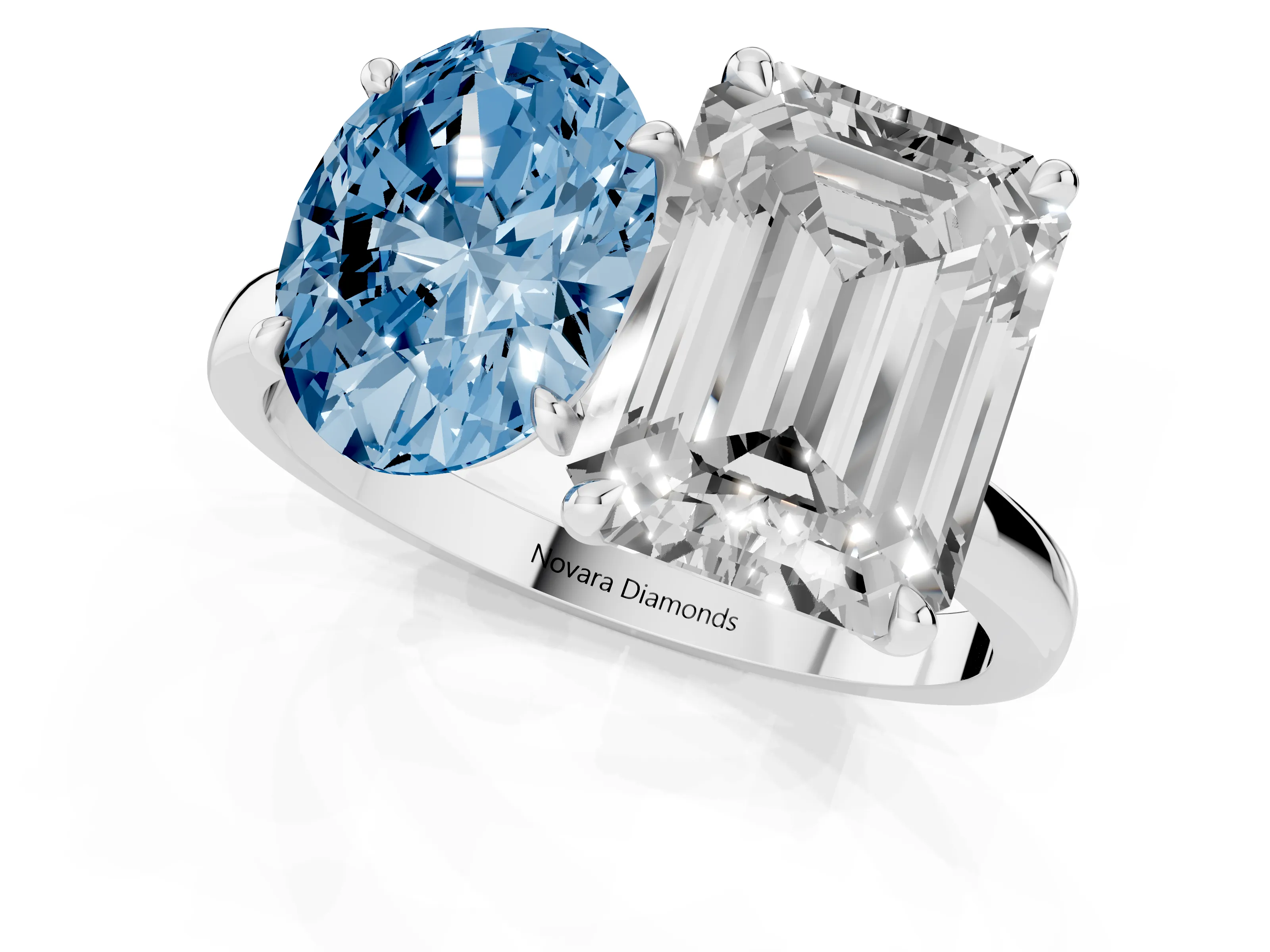 Fancy Blue Oval Cut and Emerald Cut Toi Moi Ring Set in Platinum with Prong Setting