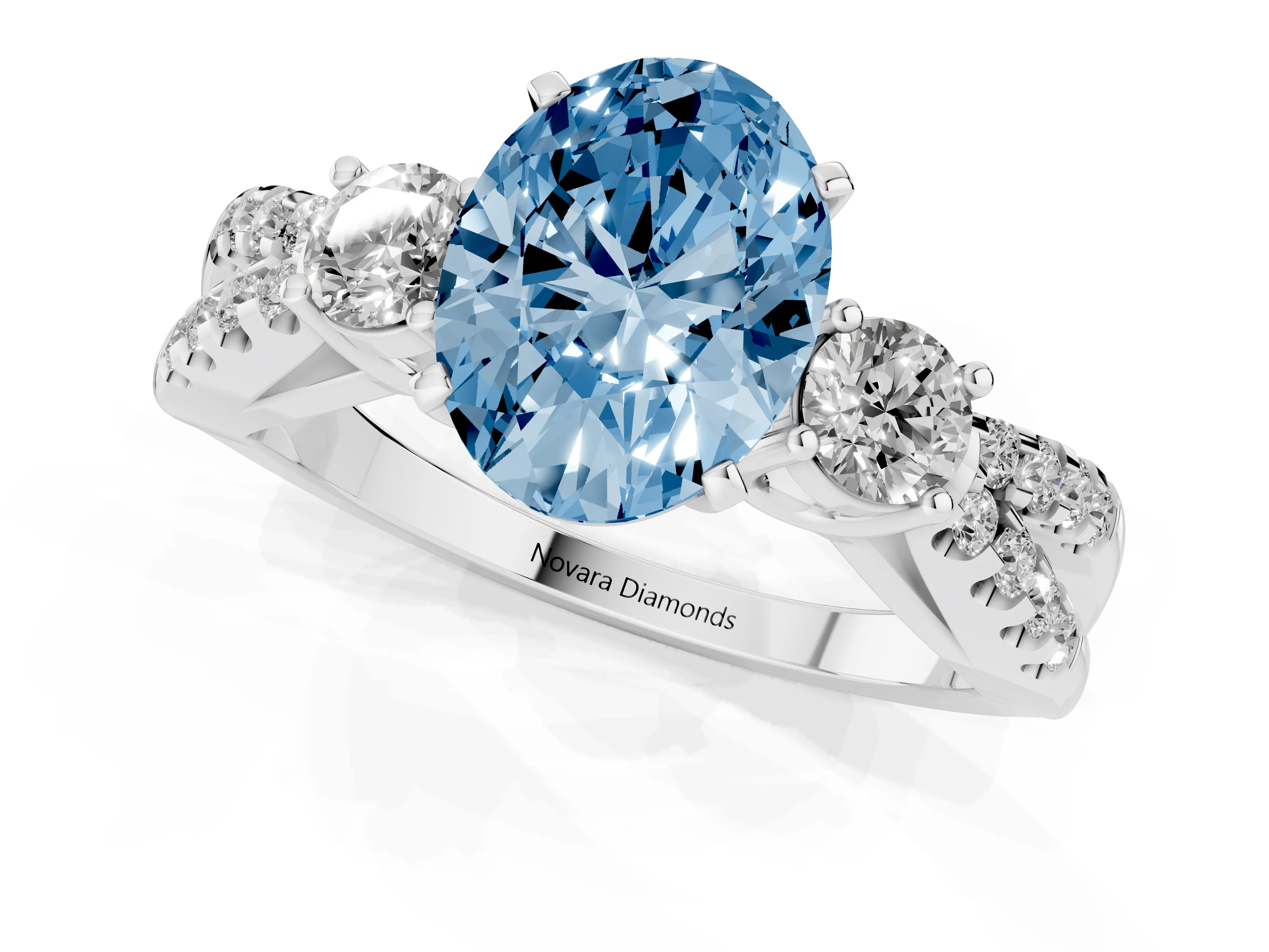 Fancy Blue Oval Cut Diamond Three-Stone Ring Set in Silver with Pavé Split Shank and Prong Setting