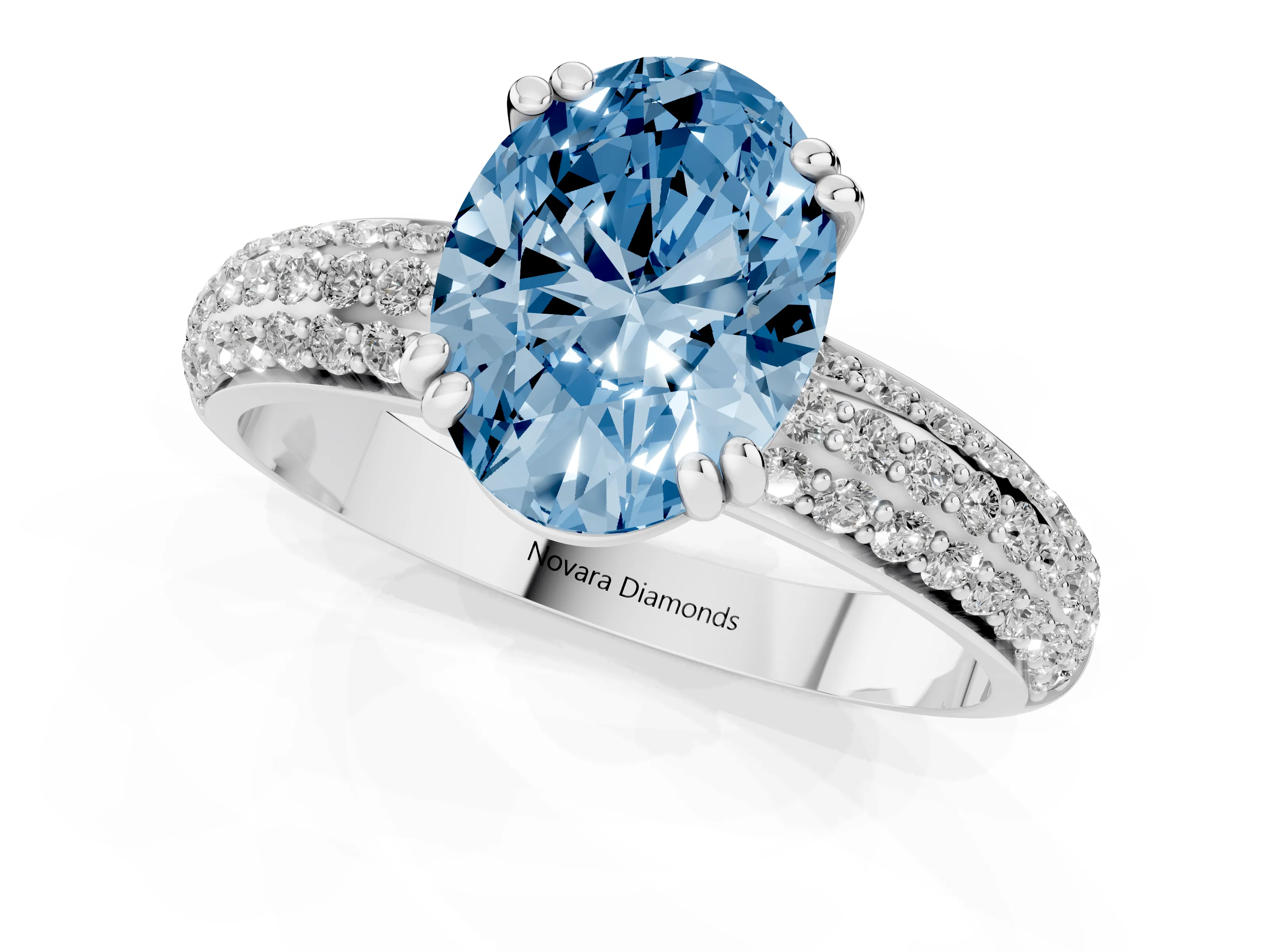 Fancy Blue Oval Cut Diamond Solitaire Ring Set in White gold with Multi-Row Round Pavé Band and Prong Setting