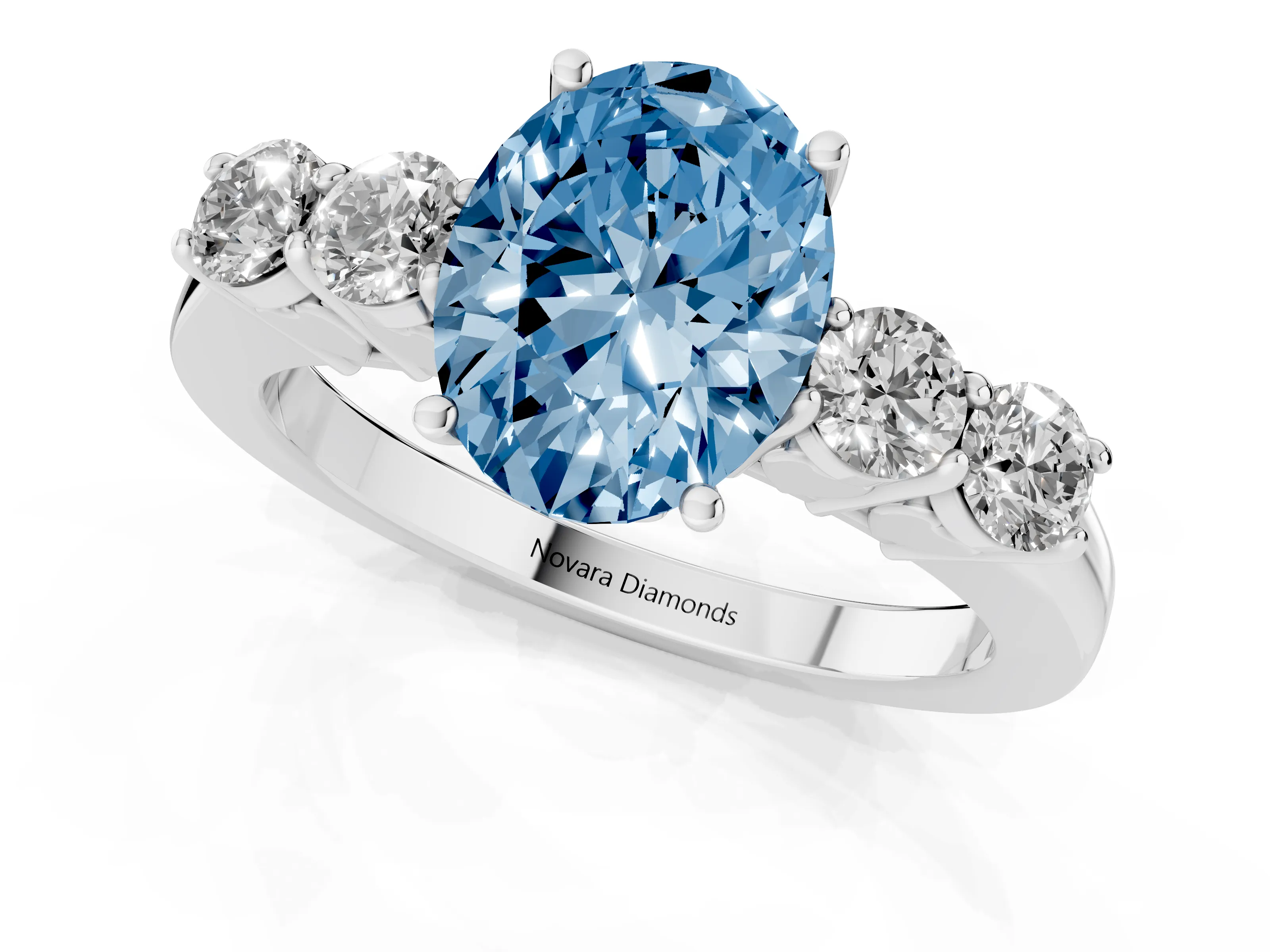 Fancy Blue Oval Cut Diamond Five-Stone Prong Set Band Ring Set in Platinum with Polished Band