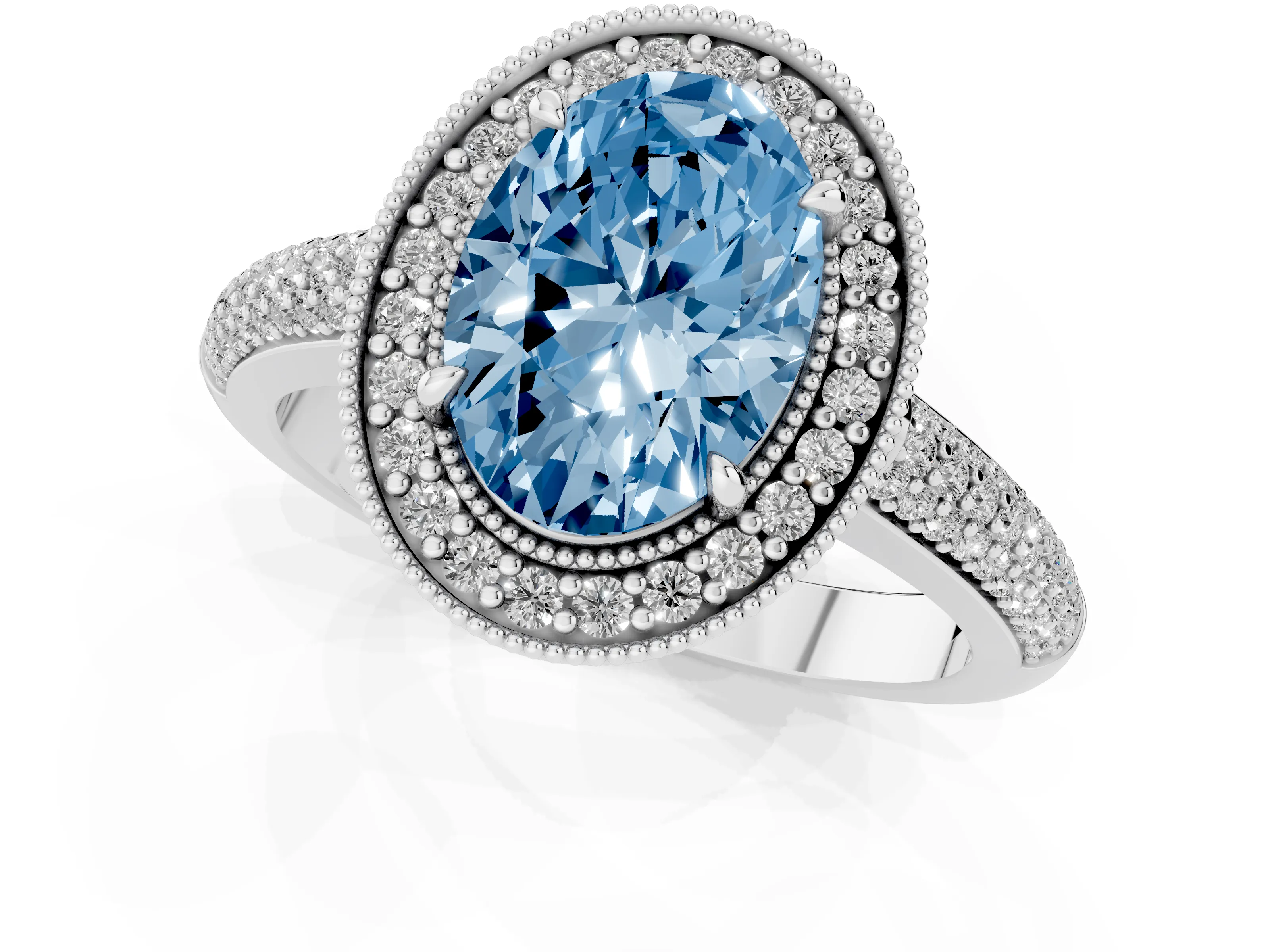 Fancy Blue Oval Cut Diamond Halo Pavé Band Set in Silver with Prong Setting