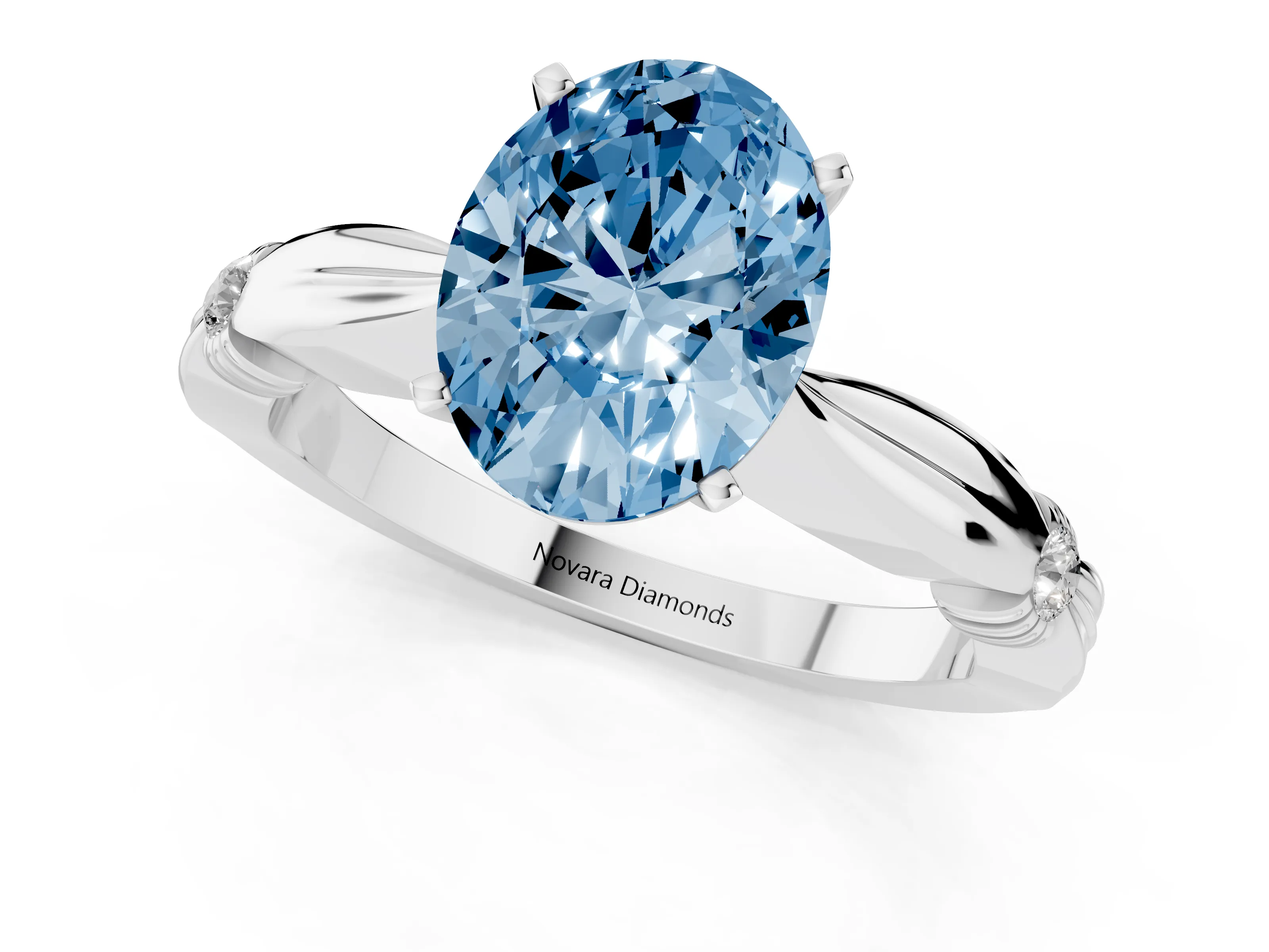 Fancy Blue Oval Cut Diamond Solitaire Twisted Band Ring Set in Silver with Accent Stones and Prong Setting – second view