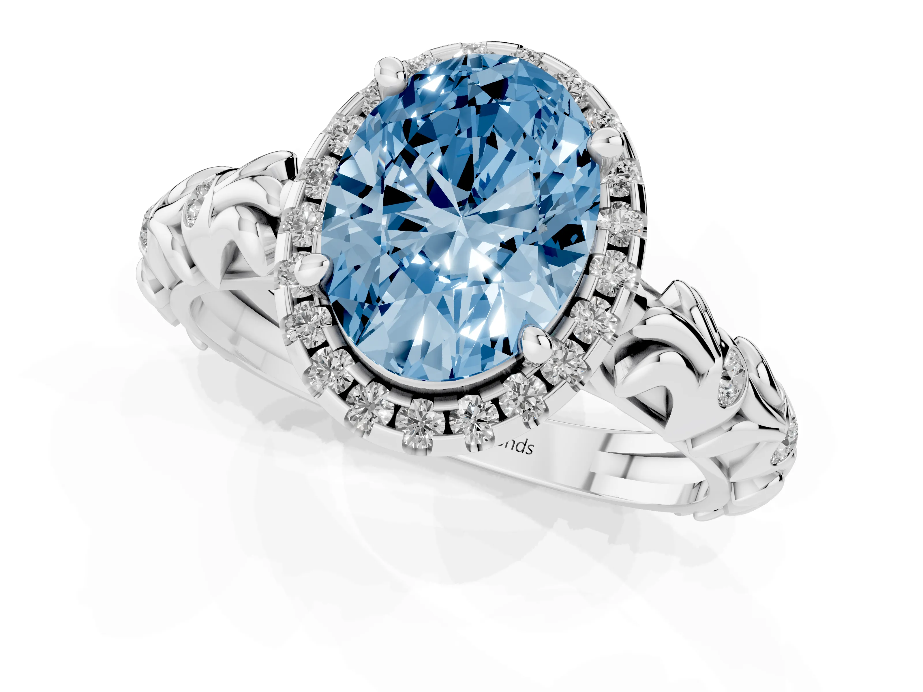 Fancy Blue Oval Cut Diamond Halo Ring Set in White gold with Filigree Leaf Band and Prong Setting