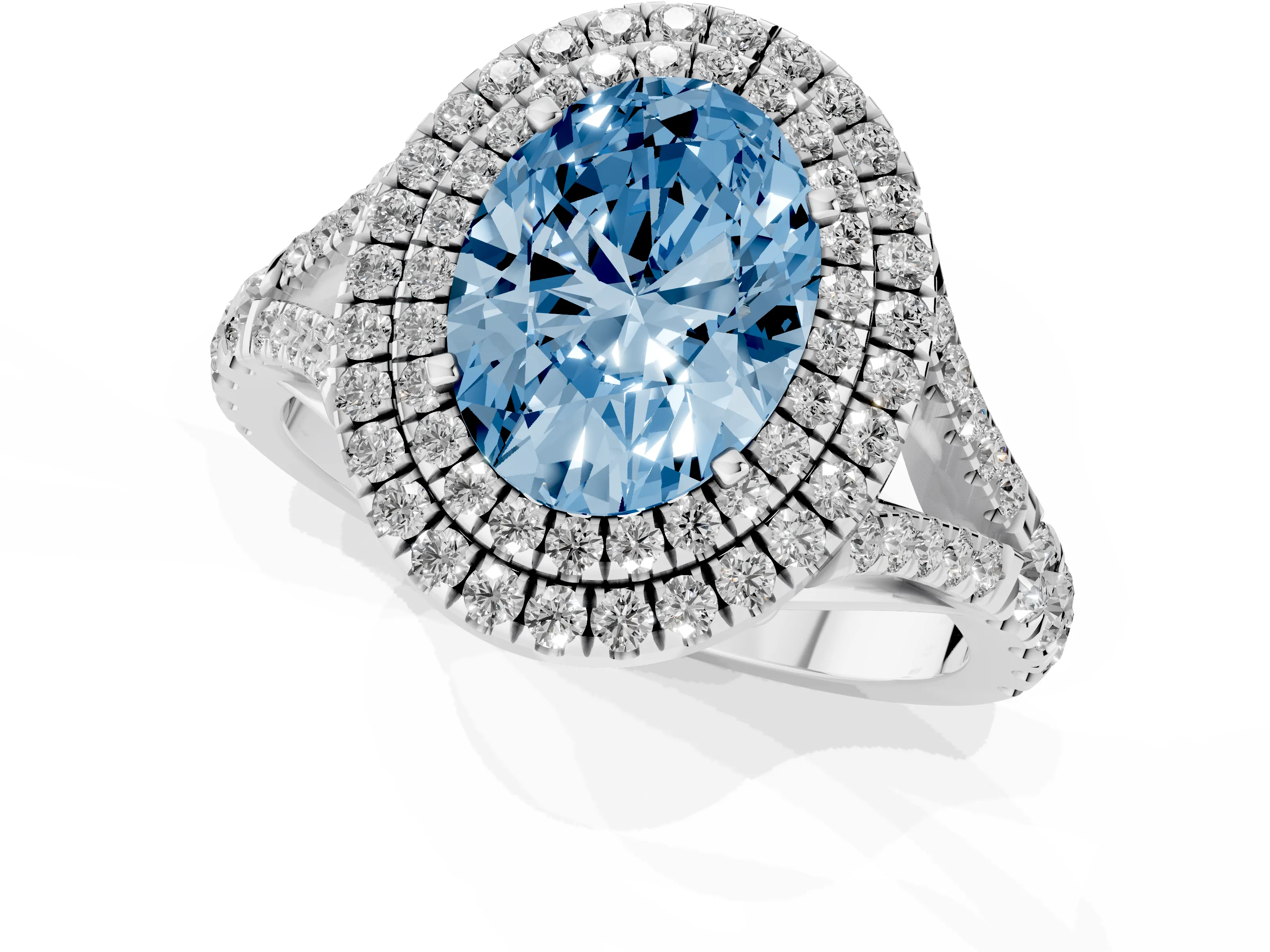 Fancy Blue Oval Cut Diamond Pavé Split Shank Double Halo Engagement Ring Set in Silver