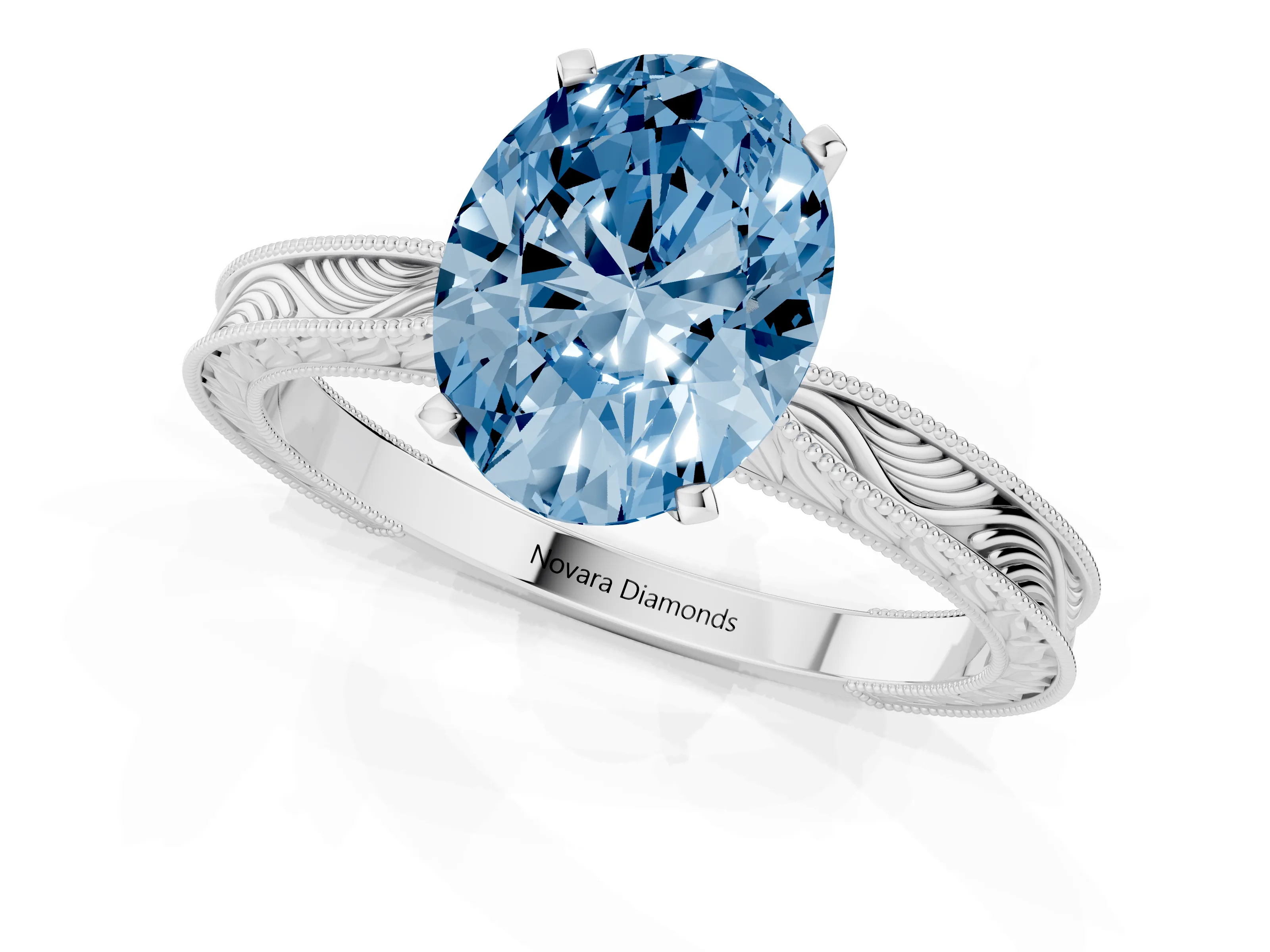 Fancy Blue Oval Cut Diamond Solitaire Milgrain Engraved Band Set in Platinum with Prong Setting