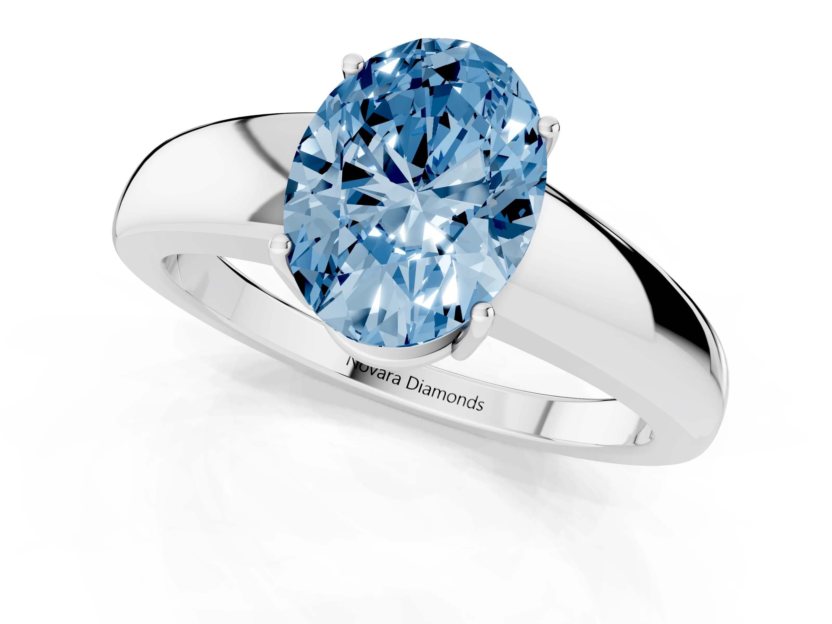 Fancy Blue Oval Cut Diamond Solitaire Ring Set in Platinum with Tapered Band and Prong Setting